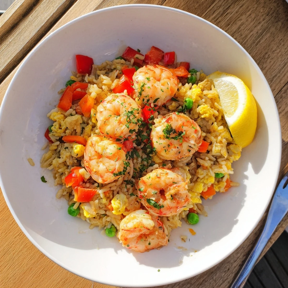 Steaming bowl of Asian fusion sweet chilli fried rice garnished with succulent garlic prawns