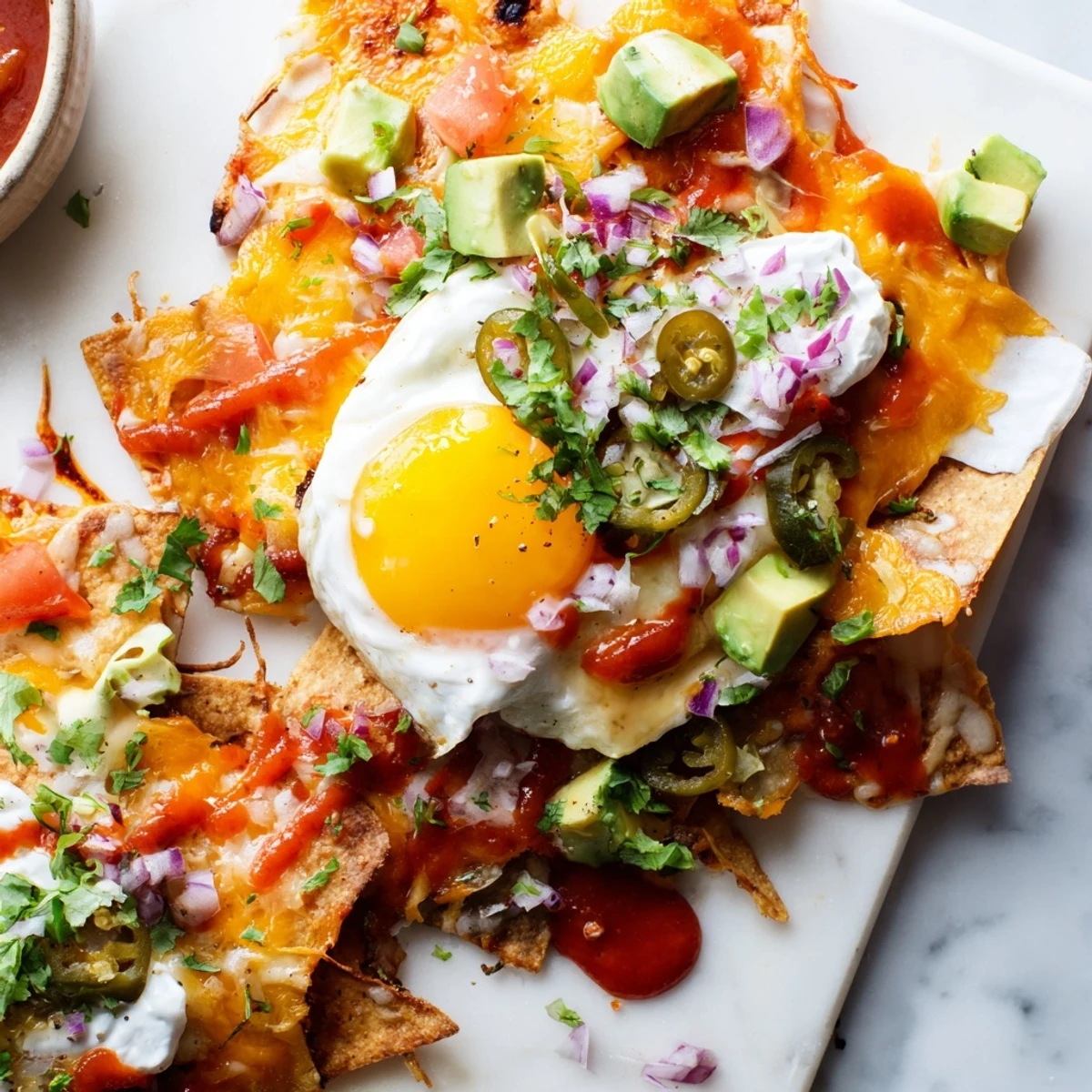 Crispy tortilla chips topped with Mexican egg nachos, sour cream, and zesty salsa