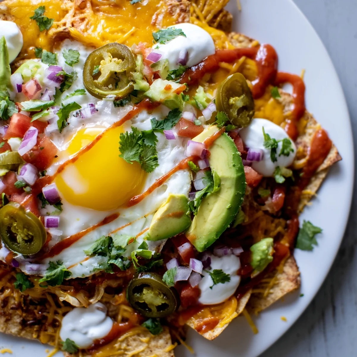 Mexican egg nachos piled with melted cheese, fresh avocado, and sunny-side up eggs
