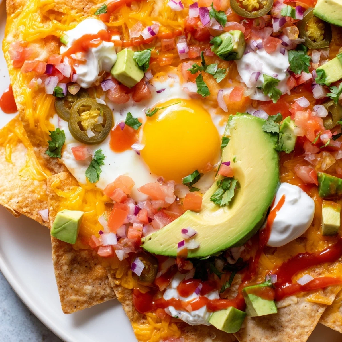 Golden fried eggs resting over cheesy Mexican egg nachos with jalapeños and cilantro