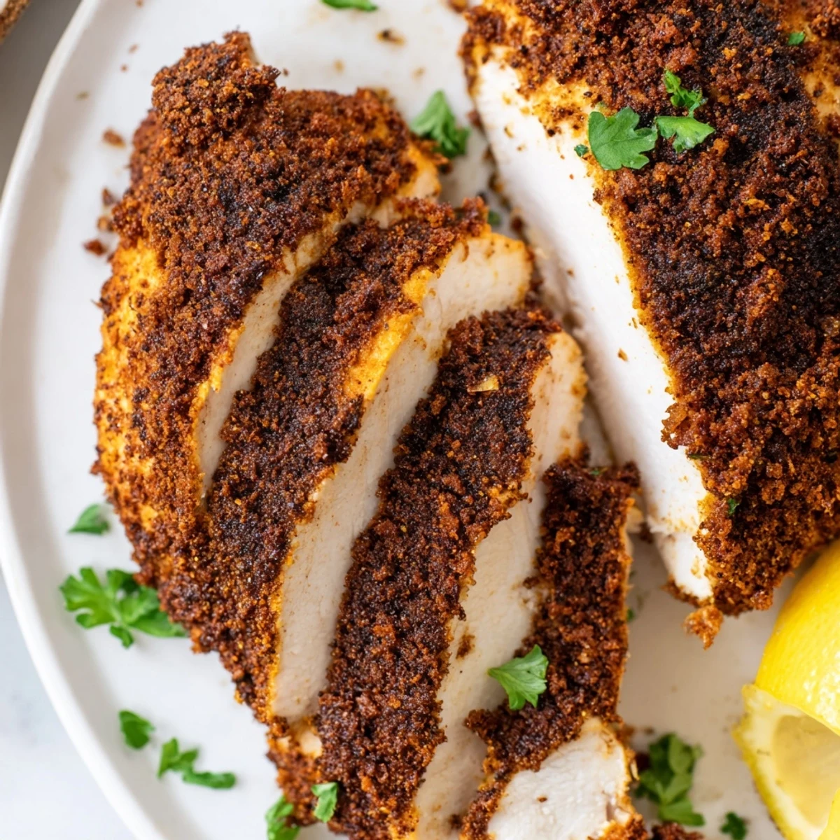 Golden brown blackened chicken breasts with dark crispy spice crust resting on a white plate