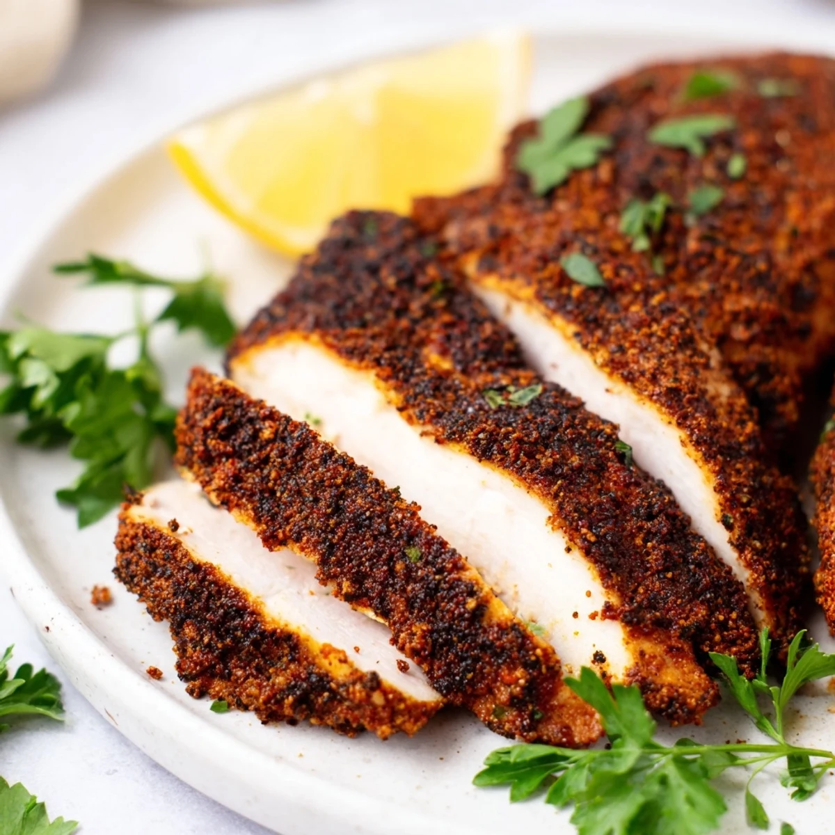 Spicy blackened chicken sliced to reveal tender juicy meat inside with fresh parsley garnish