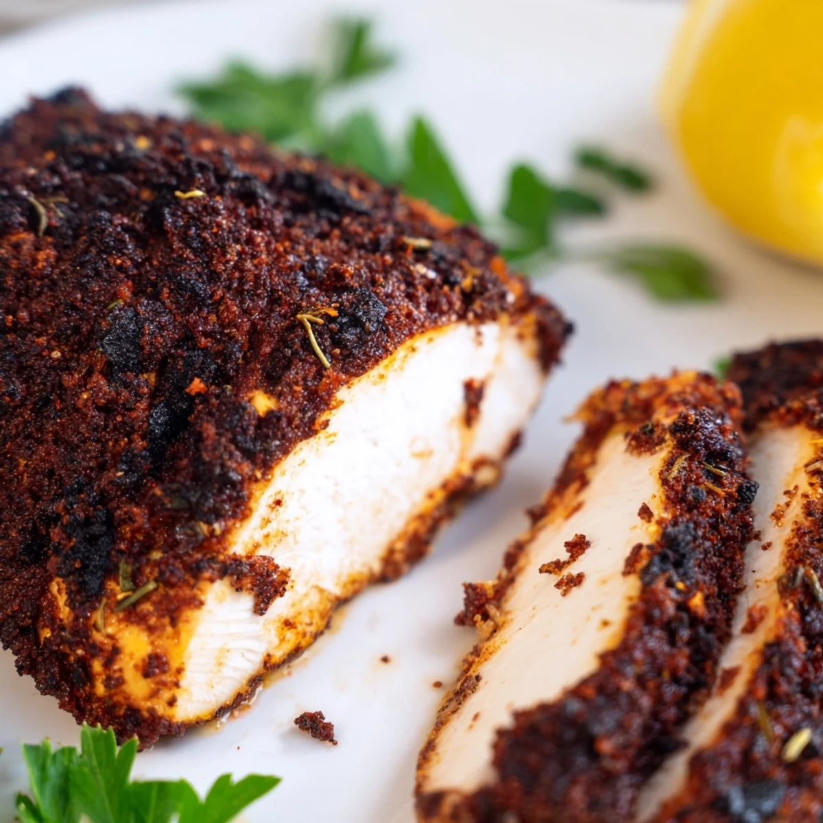 Cast iron skillet full of sizzling blackened chicken with charred edges and smoky paprika coating