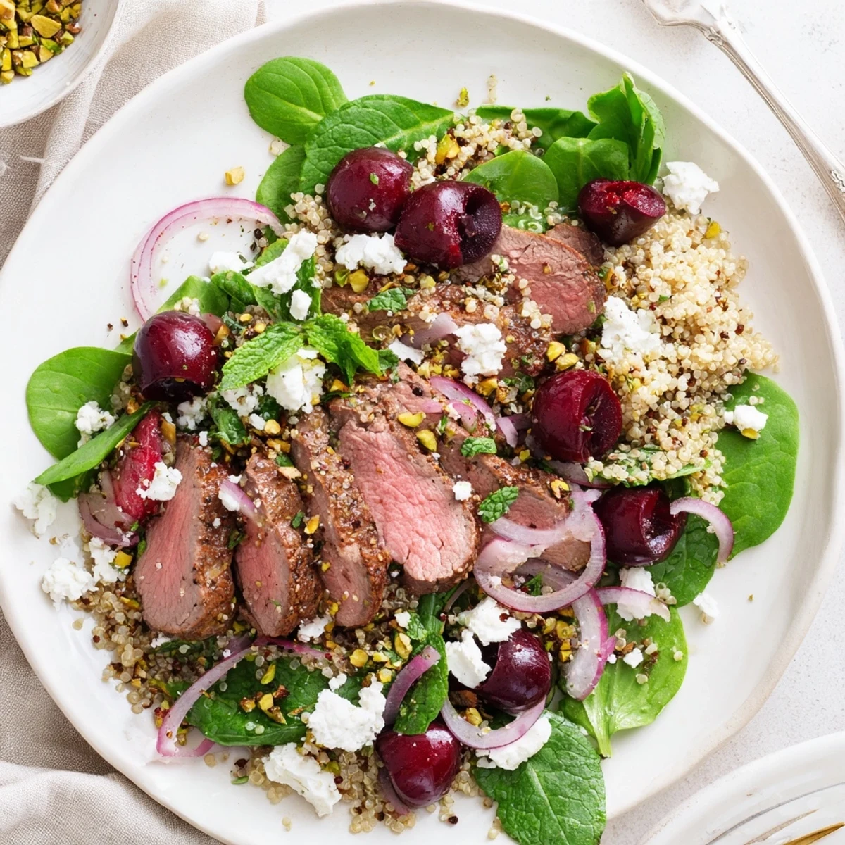 Golden seared lamb strips resting atop fluffy quinoa with ruby red cherries and fresh herbs in this vibrant Cherry Quinoa Salad With Lamb