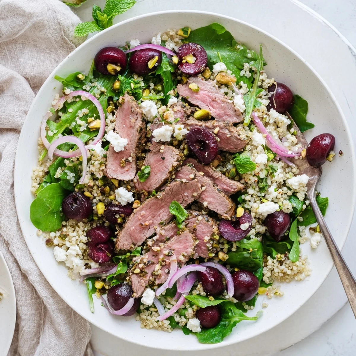 Protein-rich Cherry Quinoa Salad With Lamb arranged in layers with crumbled feta, halved cherries, and mint leaves drizzled with zesty lemon dressing