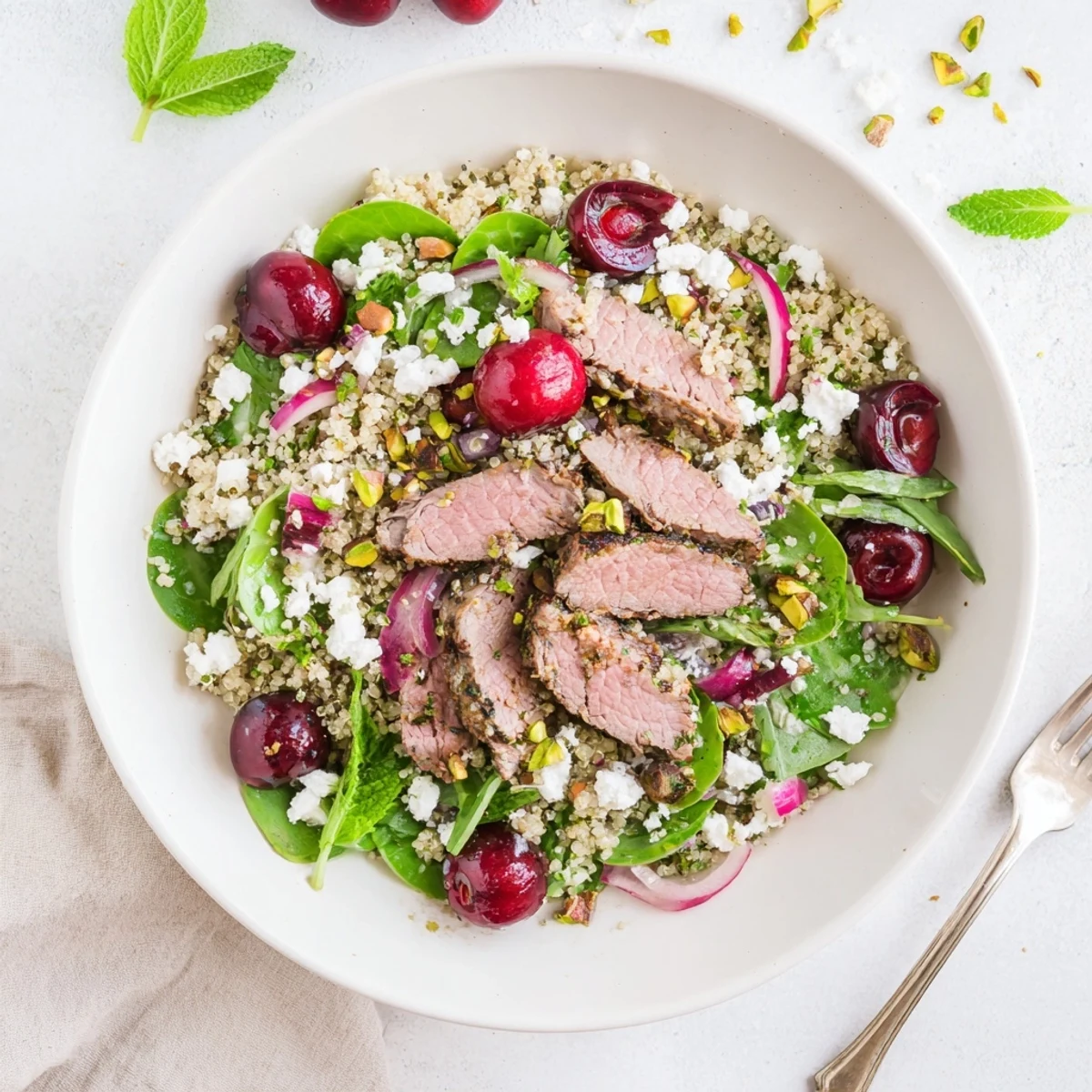 Mediterranean-inspired Cherry Quinoa Salad With Lamb showcasing tender spiced meat, juicy cherries, toasted pistachios, and peppery arugula on a white serving platter