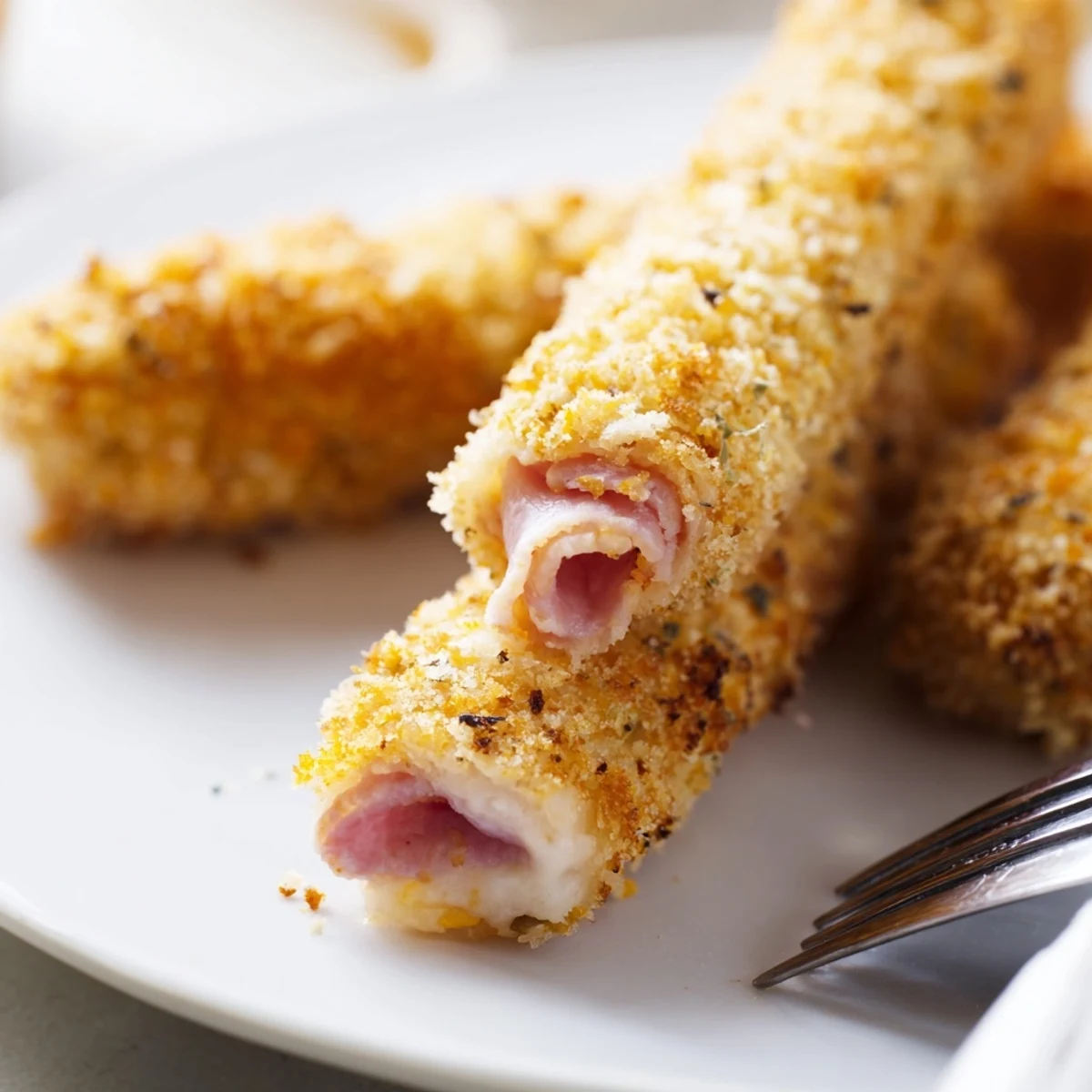 Golden brown ham and cheese sticks arranged on a serving platter with crispy breadcrumb coating