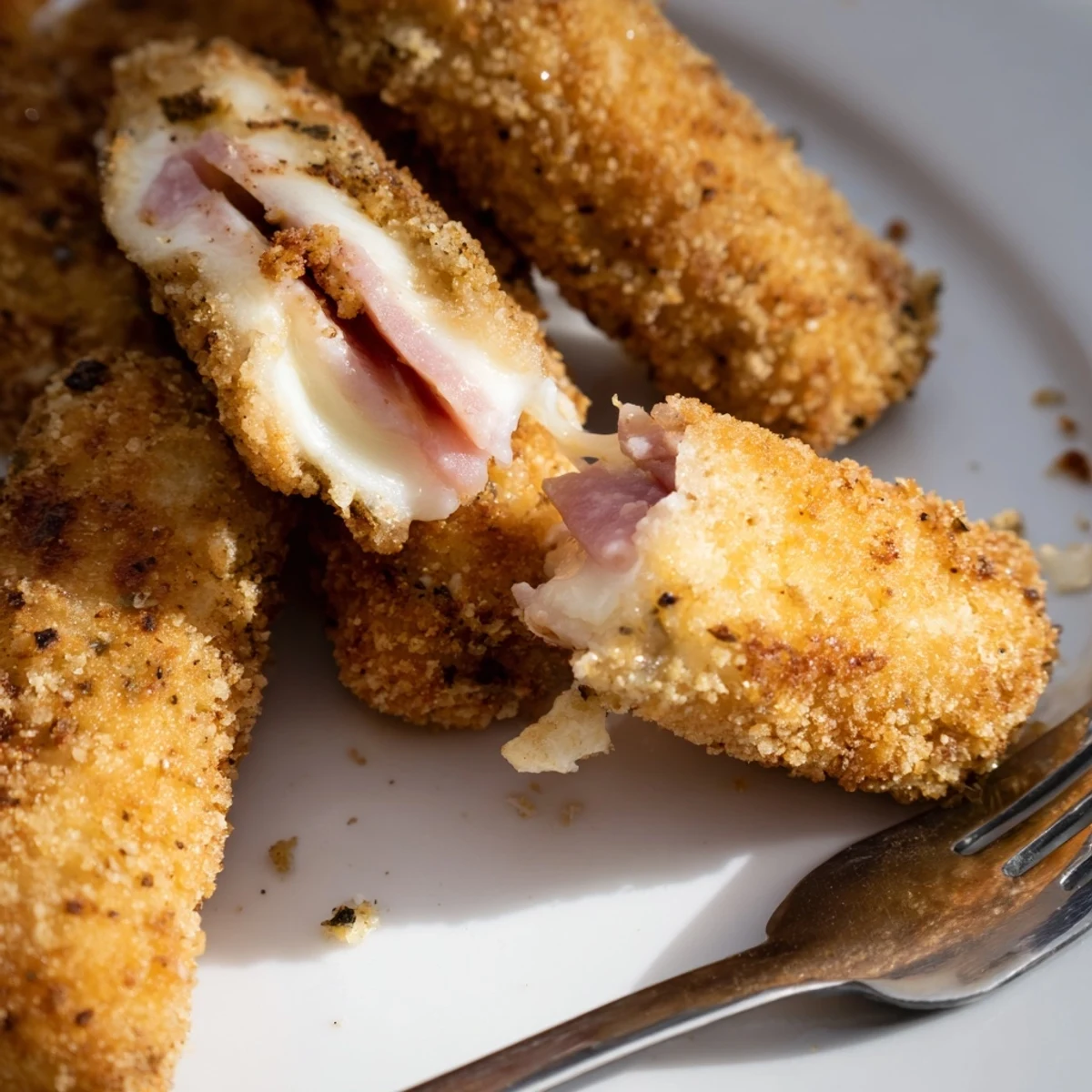 Deep-fried appetizer sticks featuring melted mozzarella and savory ham wrapped in seasoned breadcrumbs