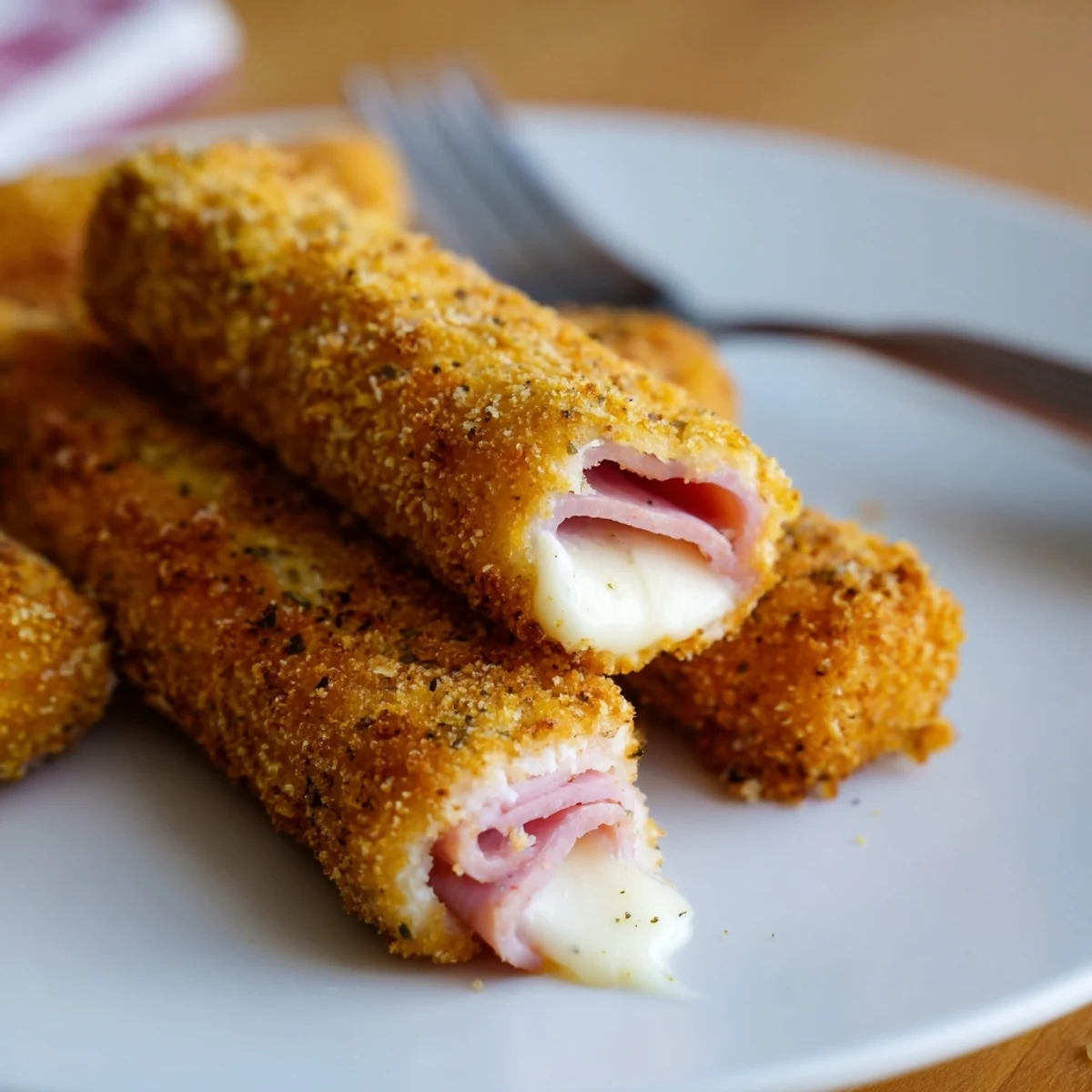 Plate of hot ham and cheese sticks with golden exterior and gooey cheese center