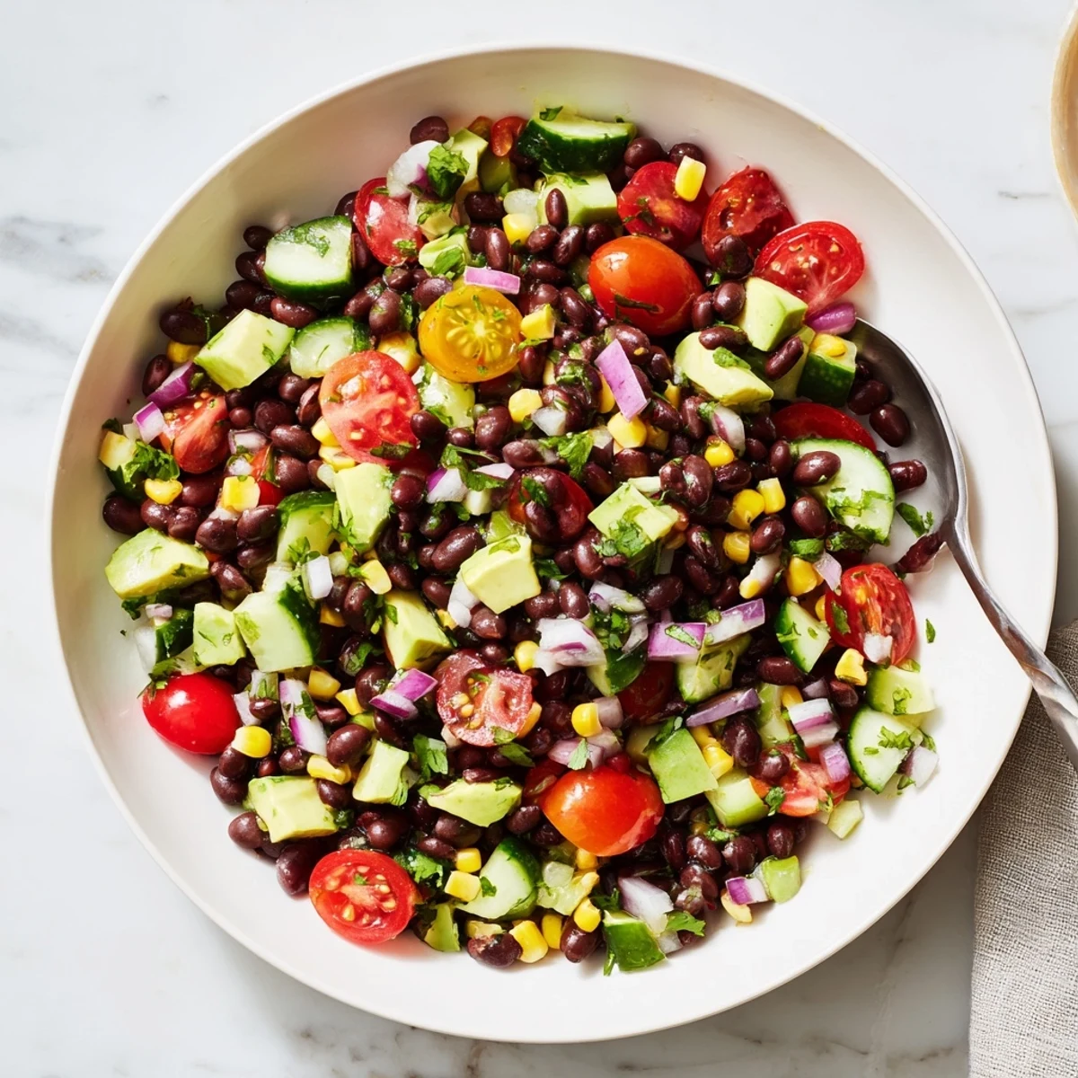 Fresh chopped black bean salad featuring red bell pepper, cucumber, cherry tomatoes, and creamy avocado cubes in a serving dish