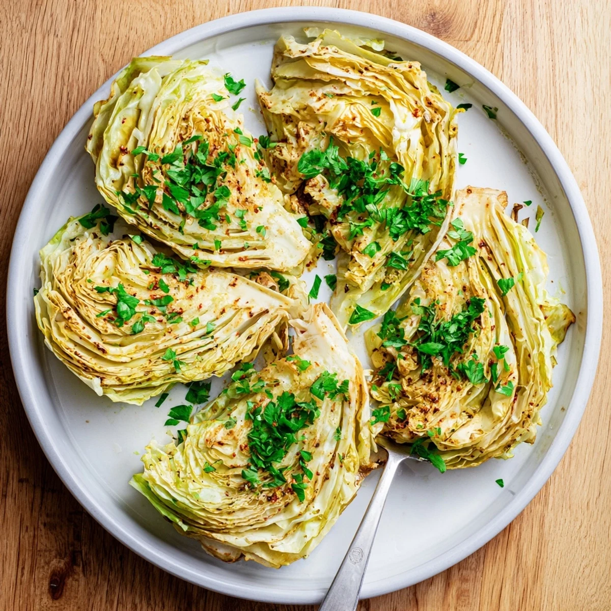 Golden roasted cabbage wedges with crispy caramelized edges and tender centers sprinkled with fresh parsley