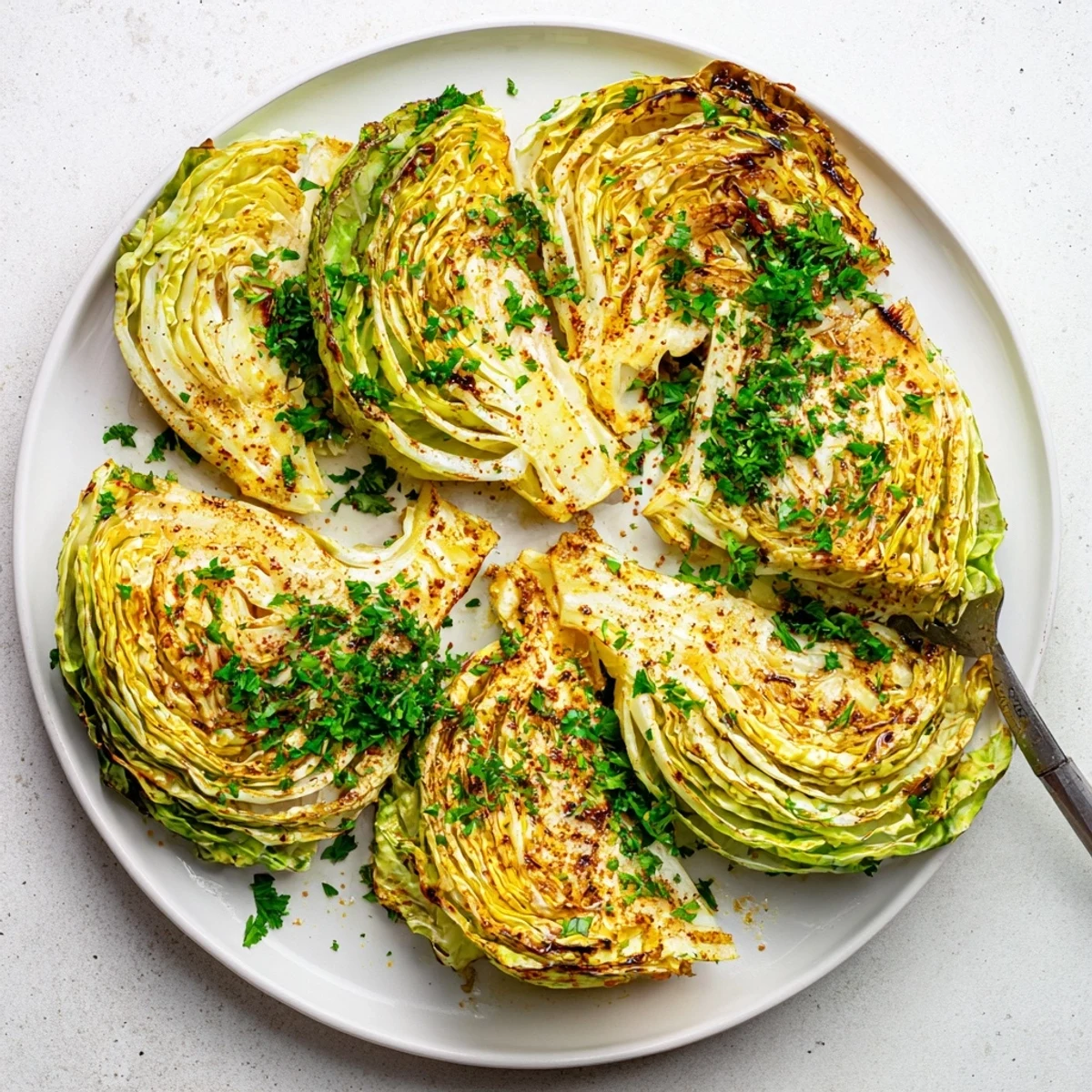 Oven-baked cabbage wedges seasoned with garlic and paprika arranged on a parchment-lined baking sheet