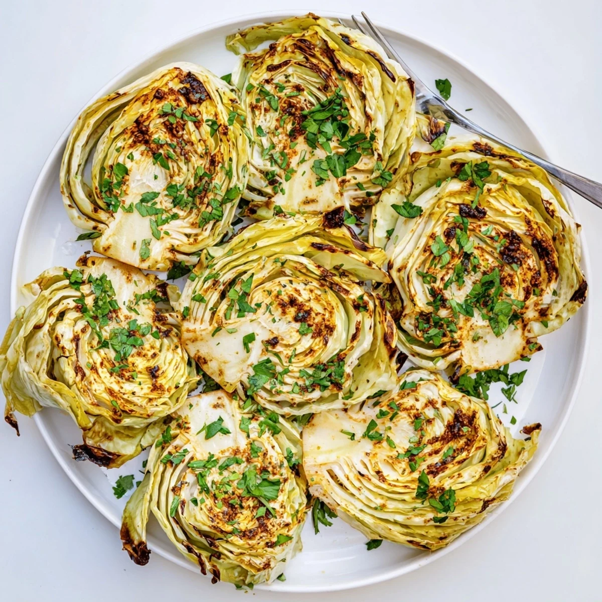 Plate of roasted cabbage wedges drizzled with lemon juice and garnished with green parsley flakes