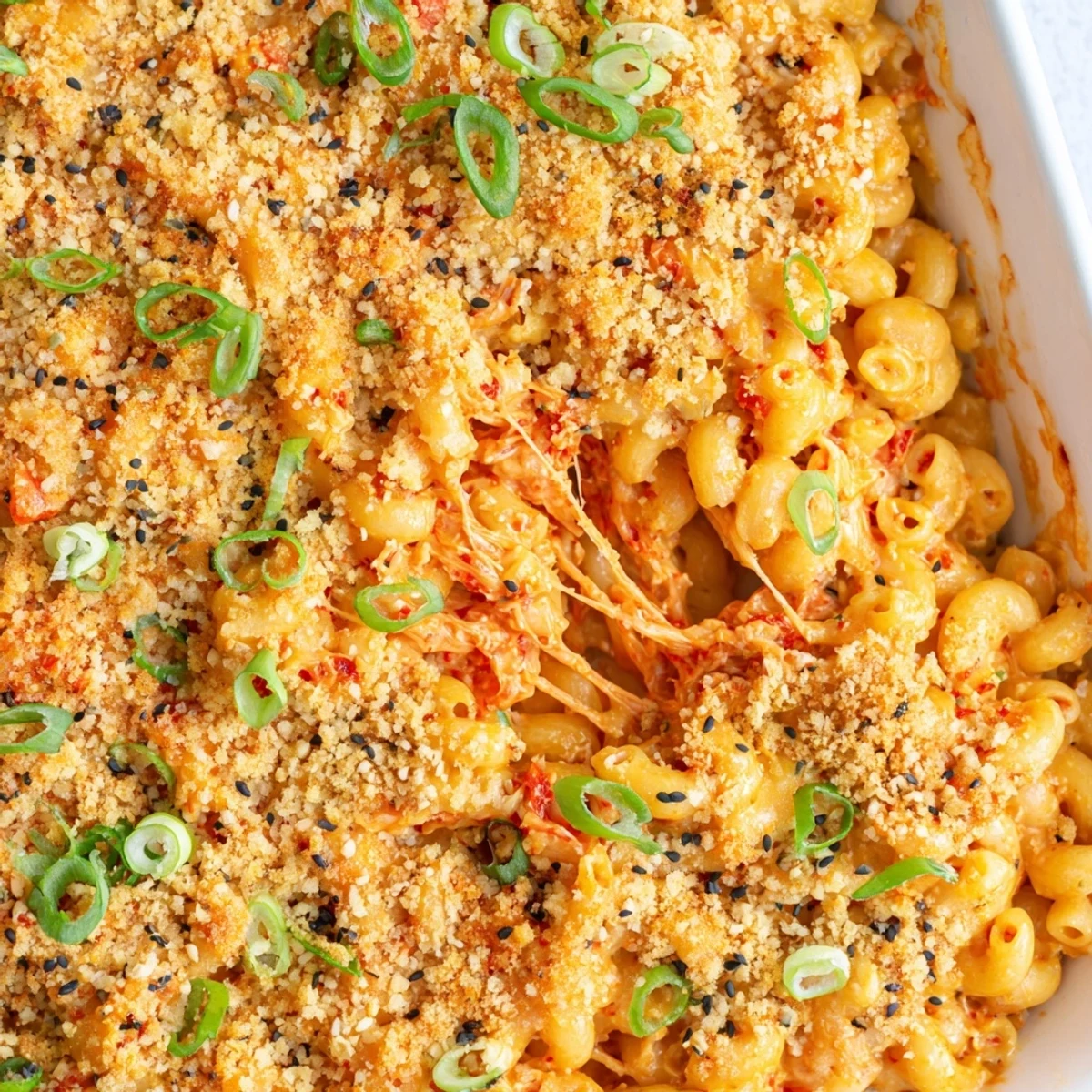 Forkful of spicy kimchi mac and cheese showcasing melted cheese and tender pasta