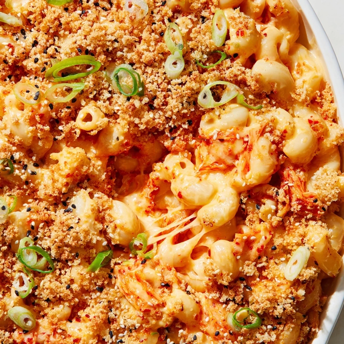 Creamy kimchi mac and cheese bubbling in a baking dish with golden panko topping