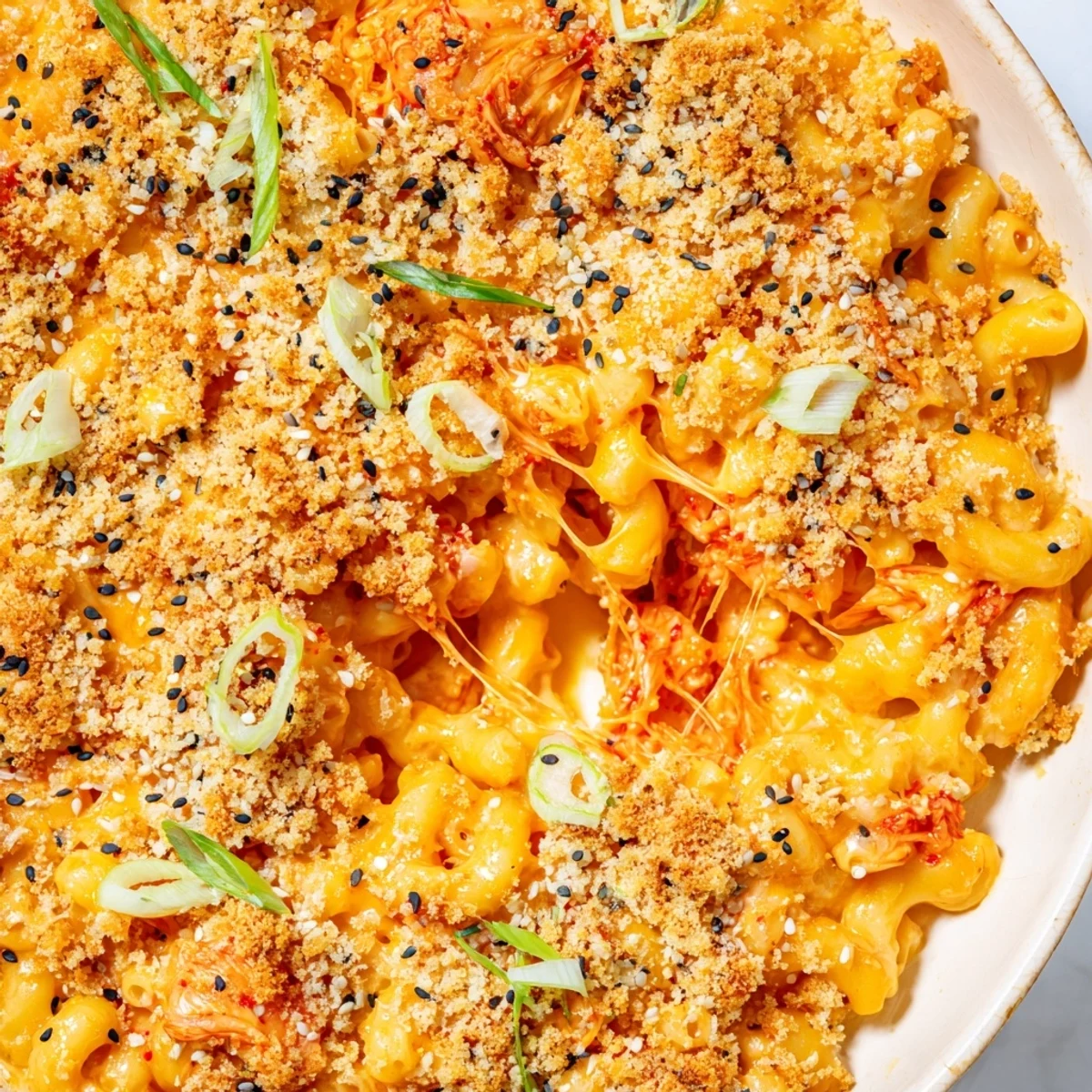 Baked kimchi mac and cheese casserole with crispy breadcrumb crust and sesame seeds