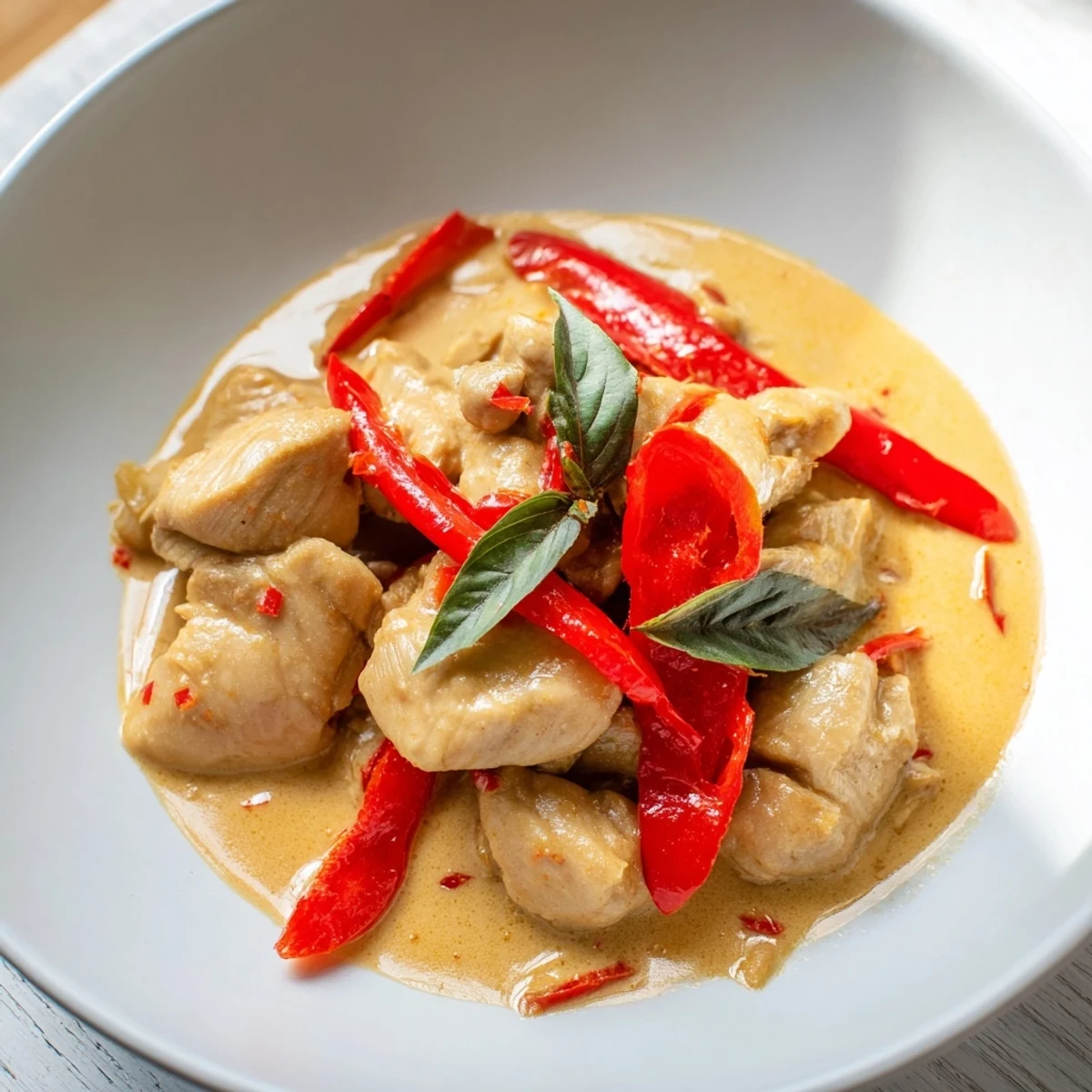 Creamy basil chicken in coconut curry sauce garnished with fresh basil leaves and served over fluffy white jasmine rice