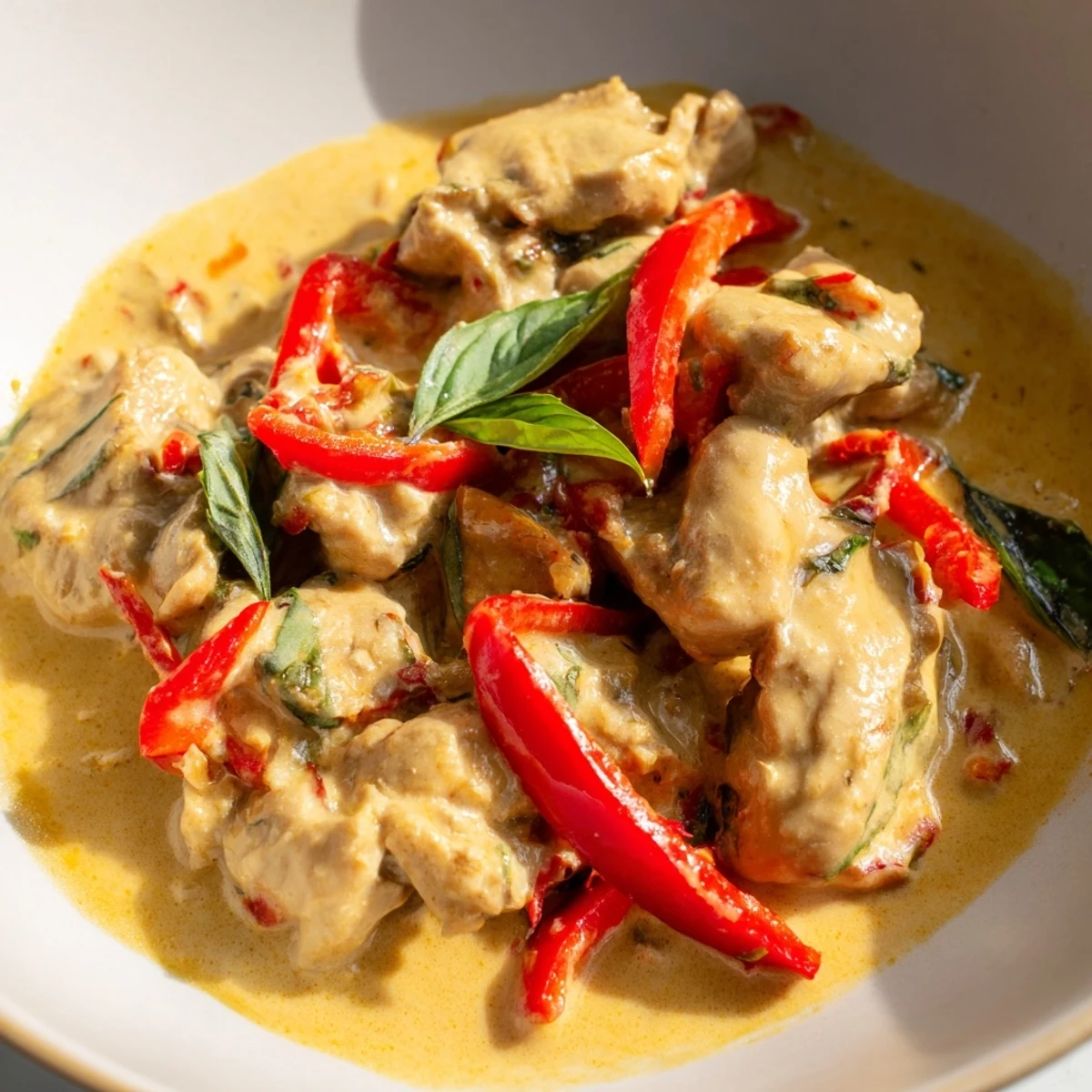 Golden chicken pieces simmered in fragrant coconut curry sauce with red bell pepper slices and vibrant green Thai basil