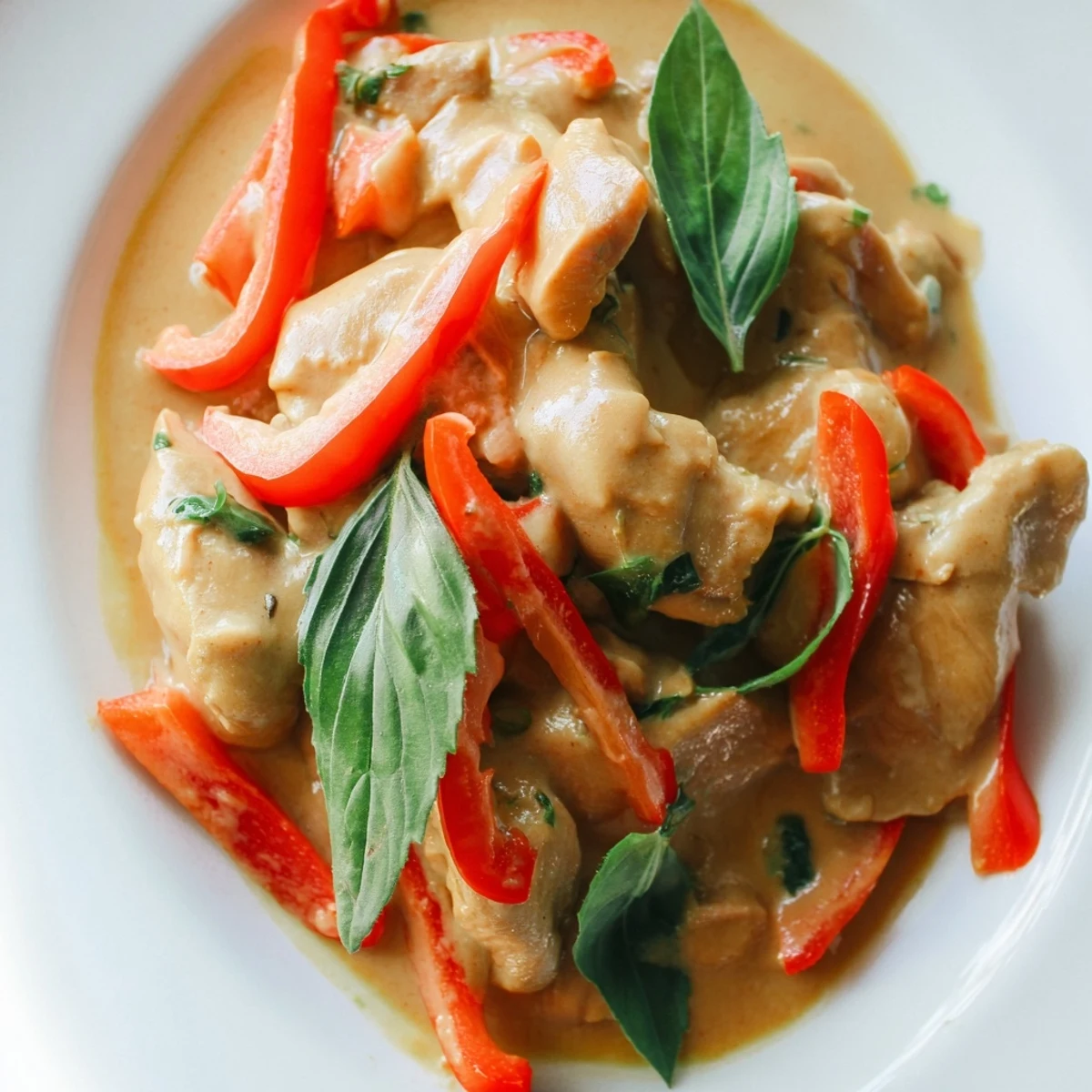 Tender chicken swimming in rich coconut curry sauce topped with fresh basil and lime wedges in a rustic bowl