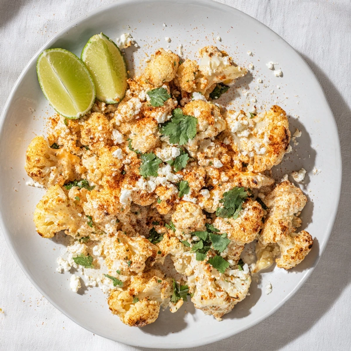 Roasted cauliflower elote coated in creamy sauce and topped with crumbled cotija cheese and fresh cilantro