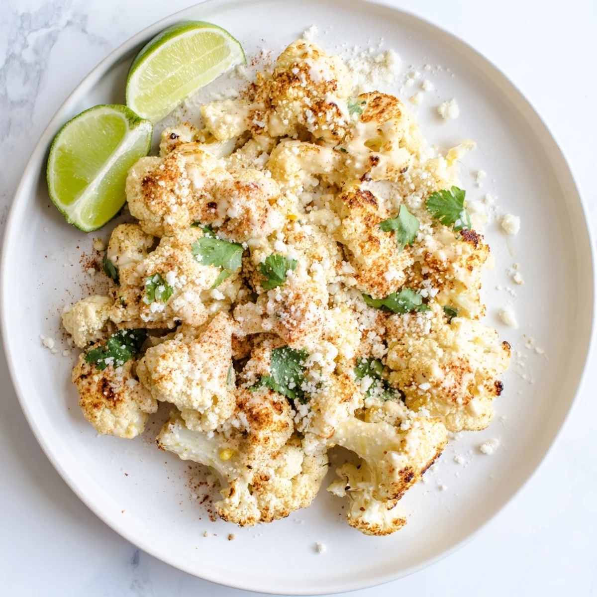 Golden cauliflower elote drizzled with tangy mayonnaise lime sauce and sprinkled with chili powder