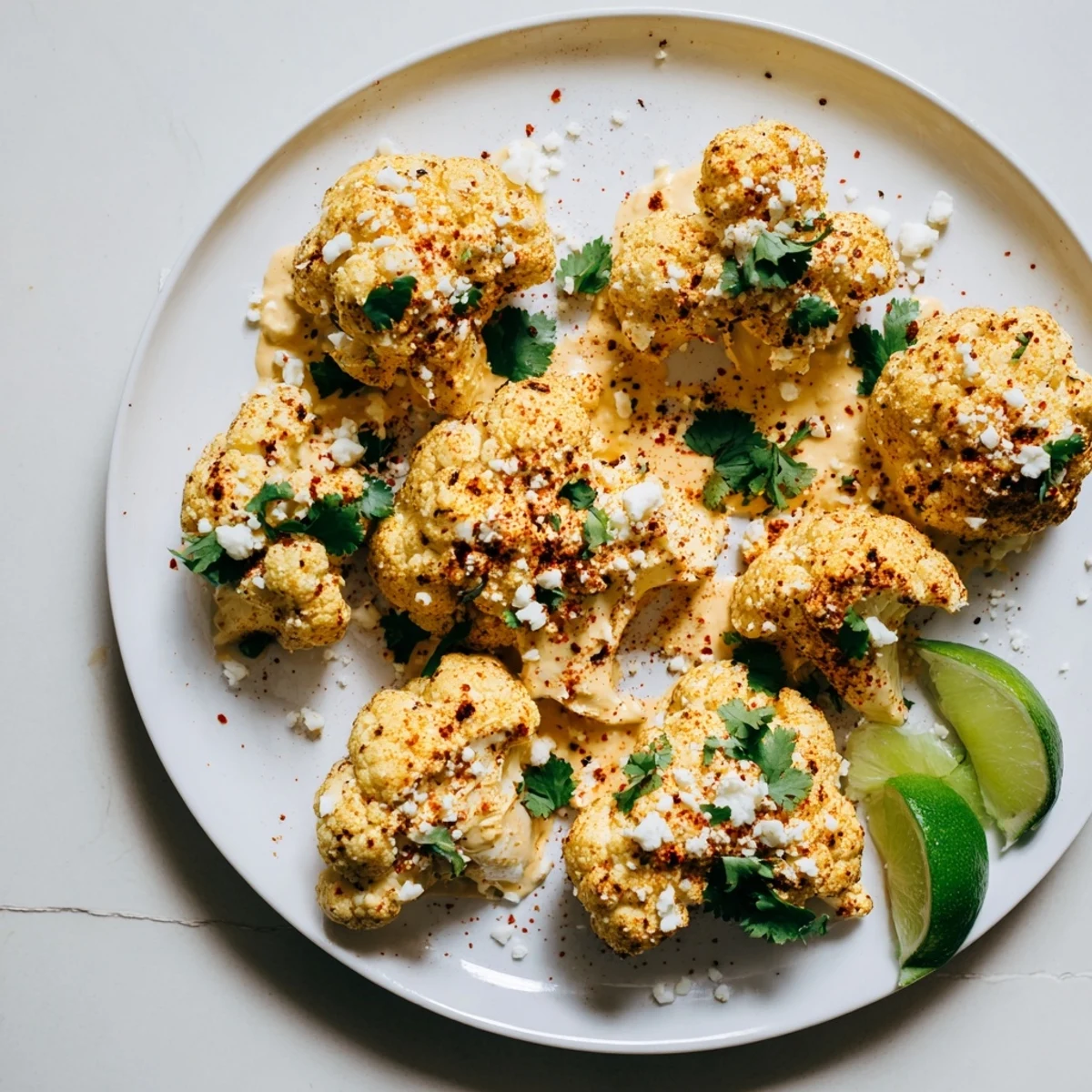 Vegetarian cauliflower elote serving platter garnished with cheese, cilantro, and lime wedges