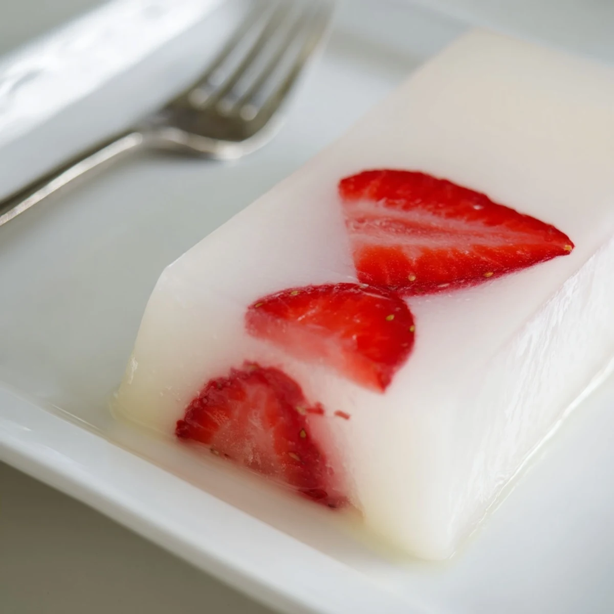 White milk-based Japanese yokan jelly topped with halved ripe strawberries on white plate