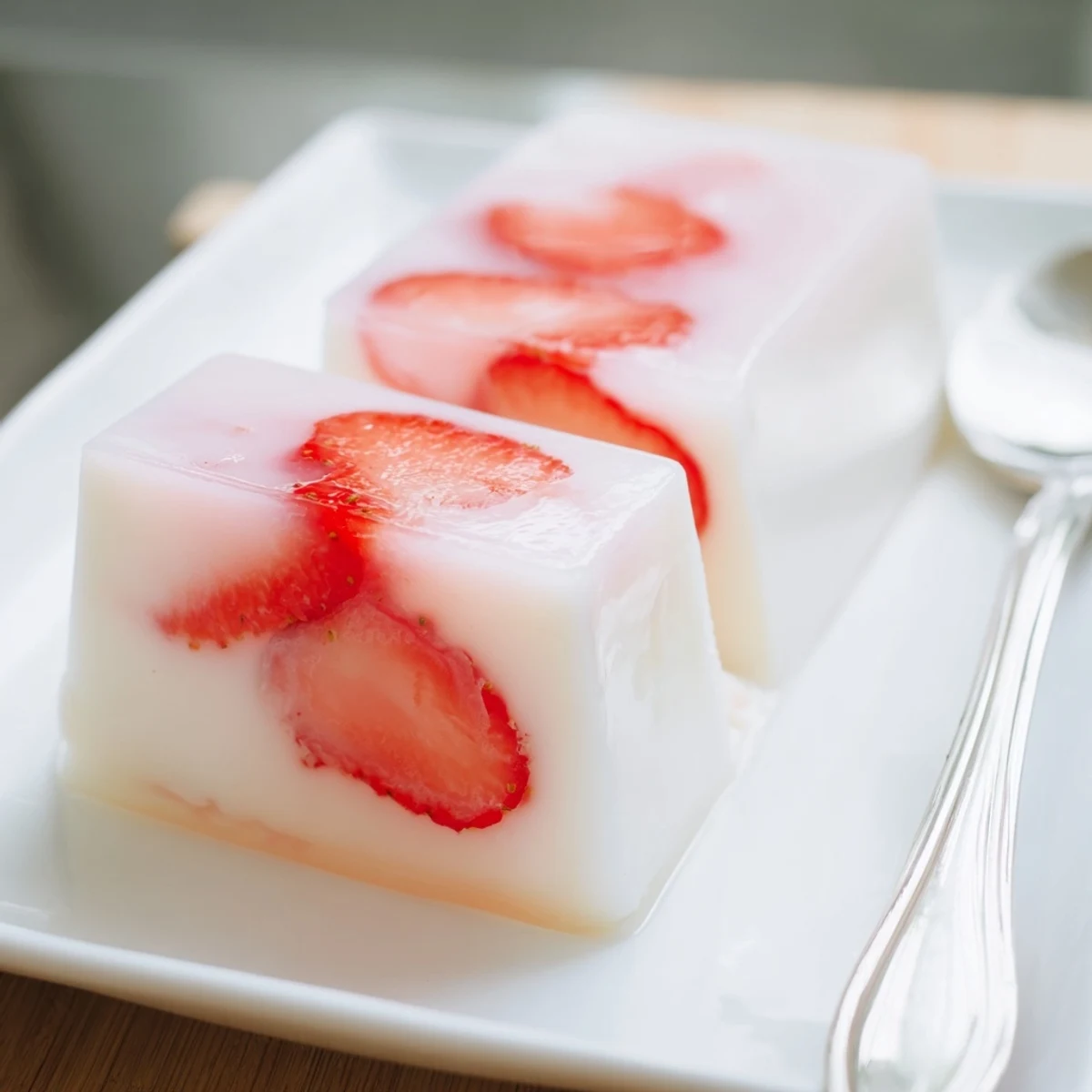 Delicate strawberries and milk yokan slices garnished with mint on serving platter