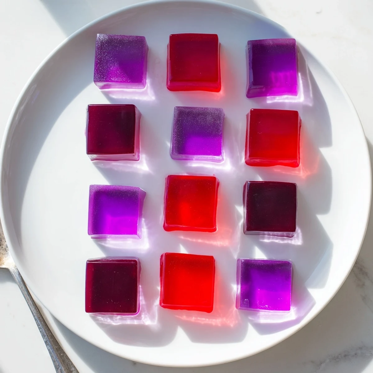 Wobbly gut-friendly probiotic jello snacks cut into cubes on a white serving plate