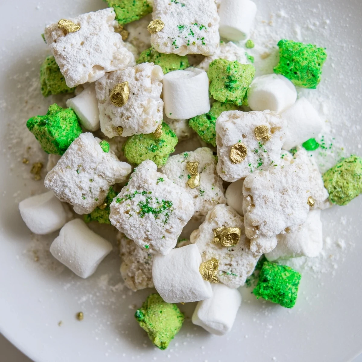Festive green and white St. Patricks Day Lucky Chow snack mix sprinkled with marshmallows in a serving bowl