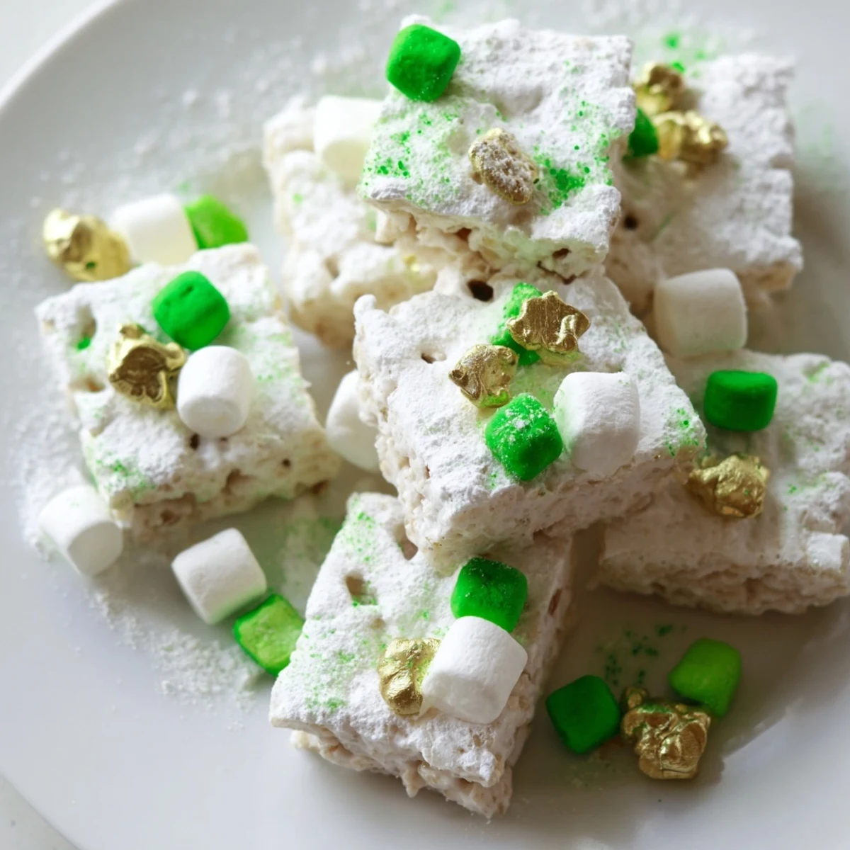 Colorful St. Patricks Day Lucky Chow featuring white chocolate coated cereal with green candies and gold coin chocolates
