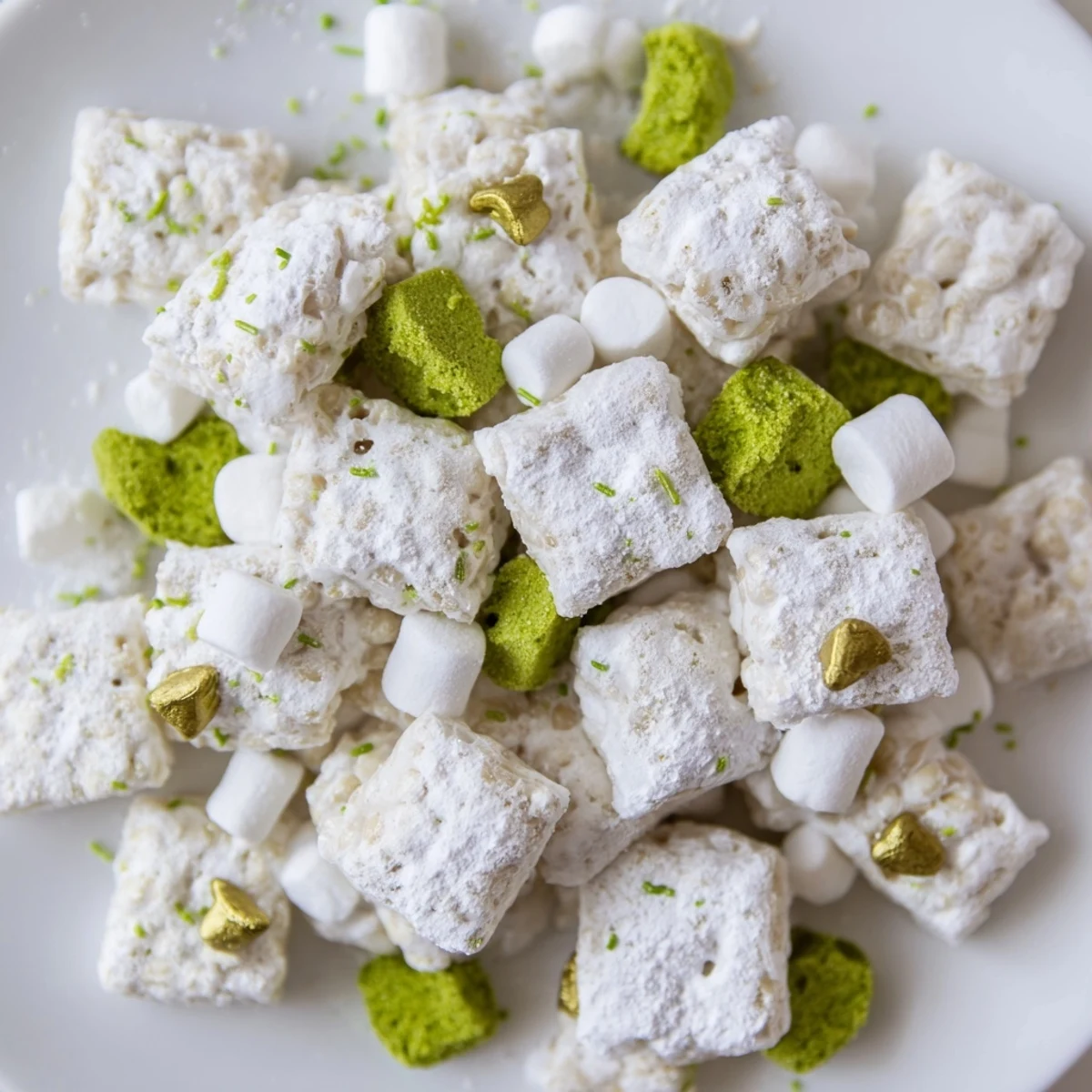 Sweet St. Patricks Day Lucky Chow dessert with powdered sugar coating and vibrant green candy-coated chocolates