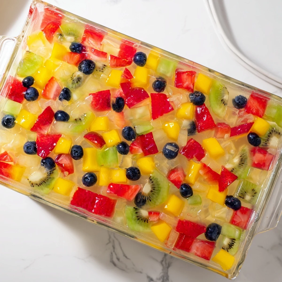 Colorful agar agar fruit jelly set in a clear glass dish with vibrant strawberries, kiwi, and mango cubes suspended in translucent gelatin