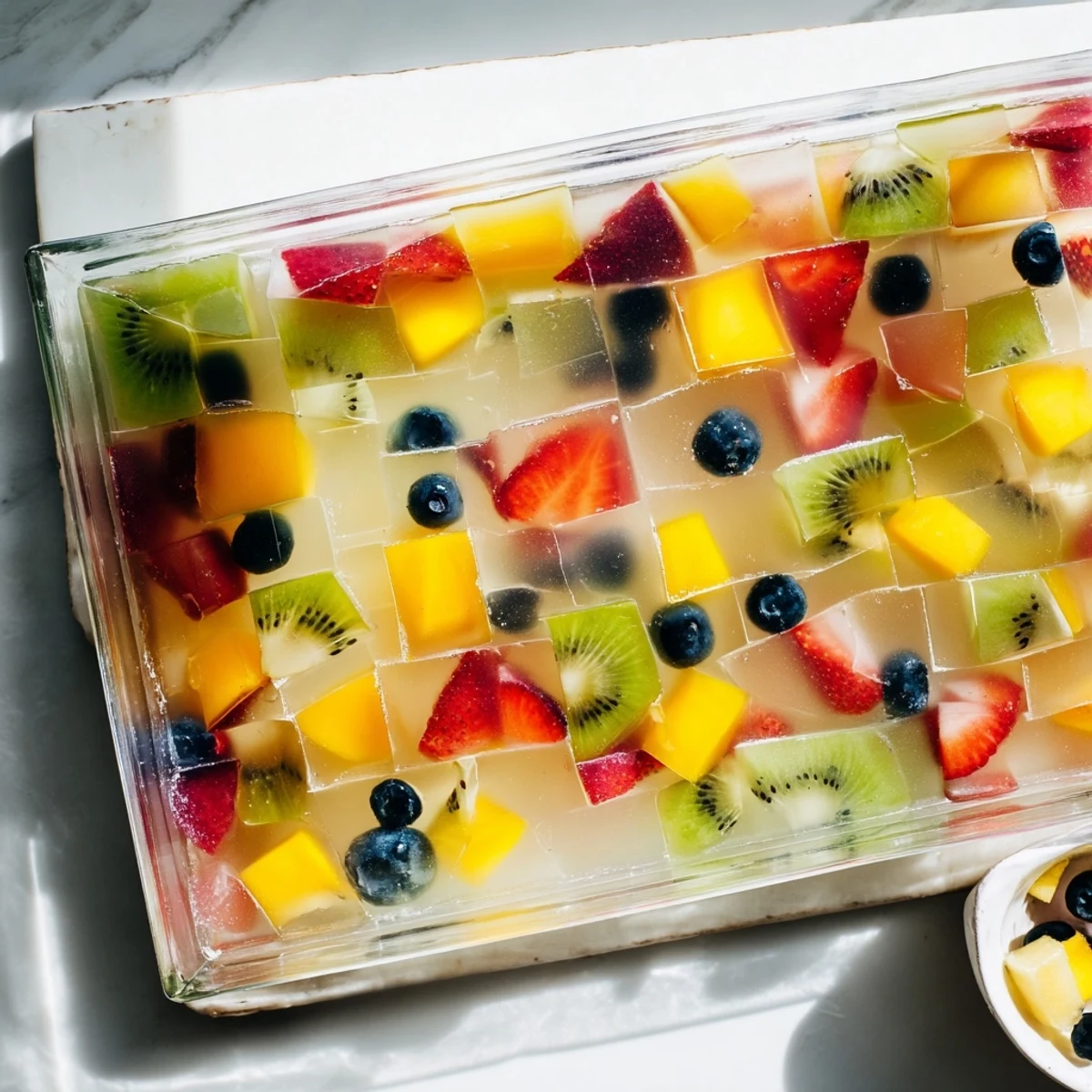 Vegan agar agar fruit jelly molded into decorative shapes featuring fresh tropical fruit pieces in a wobbly, refreshing dessert
