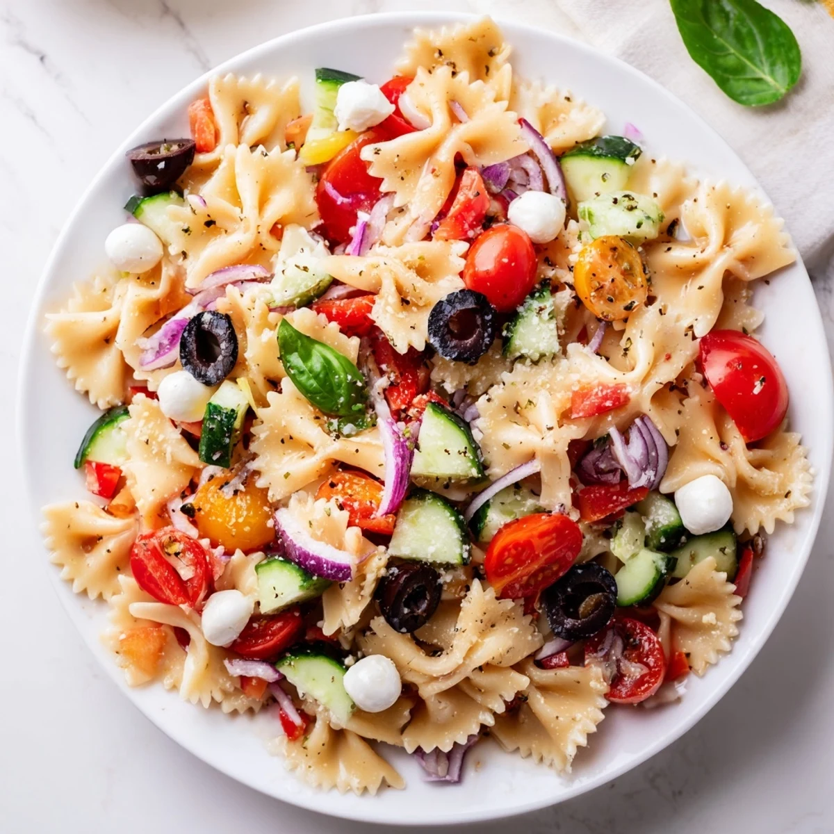 Colorful Italian bow tie pasta salad tossed with fresh vegetables and mozzarella in zesty herb dressing