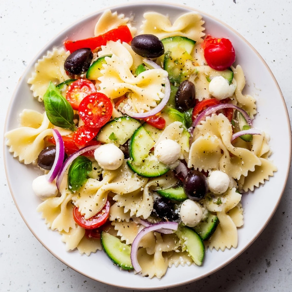 Cold Italian bow tie pasta salad glistening with olive oil dressing and fresh basil leaves