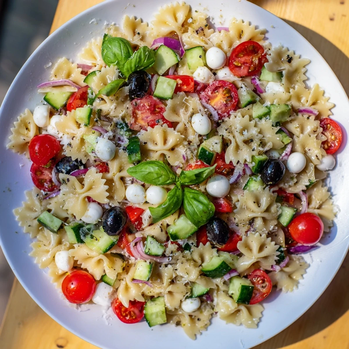 Heaping bowl of Italian bow tie pasta salad with cherry tomatoes, cucumber, olives, and parmesan cheese garnish