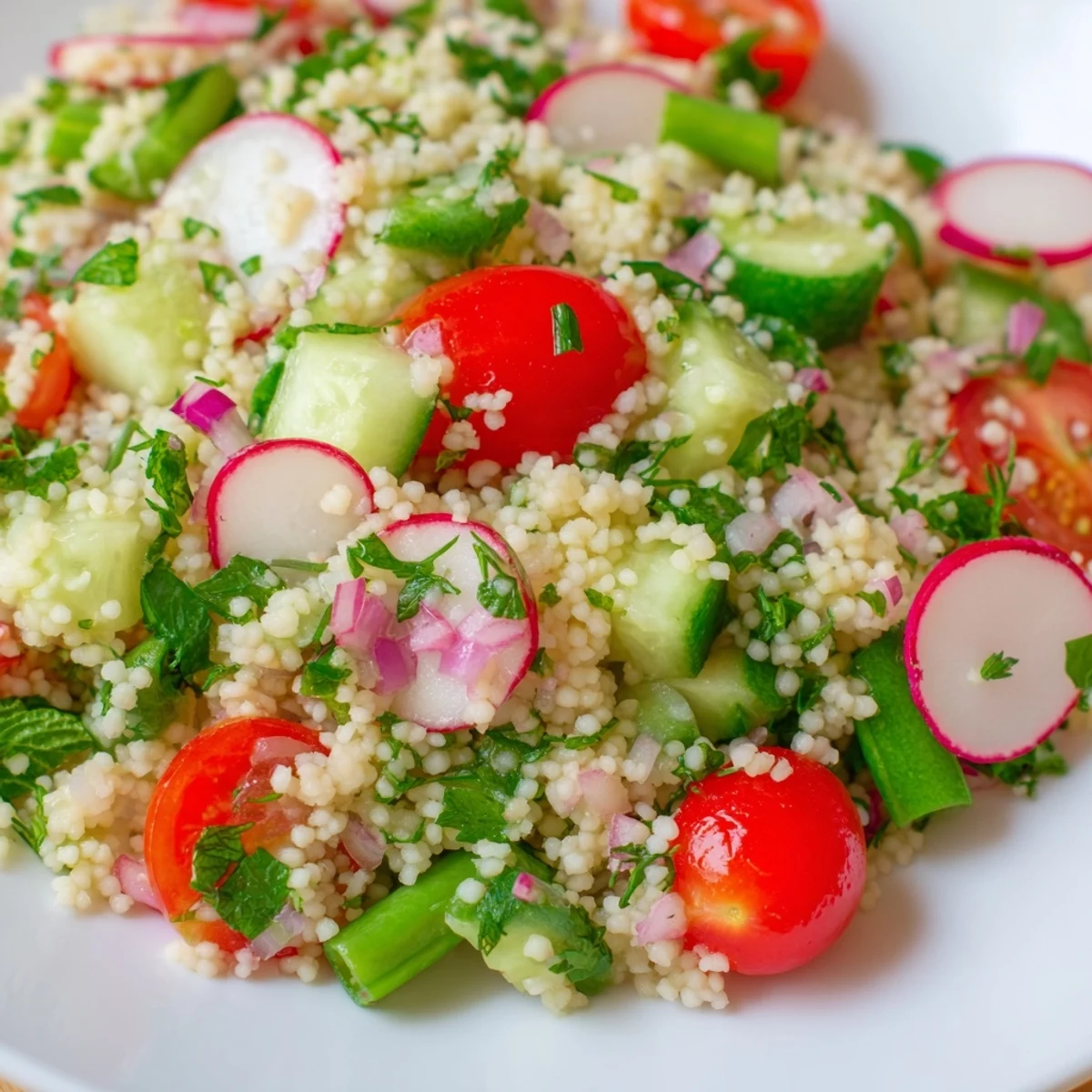 Colorful spring couscous salad bowl featuring fresh cherry tomatoes, cucumber, radishes, and bright green herbs