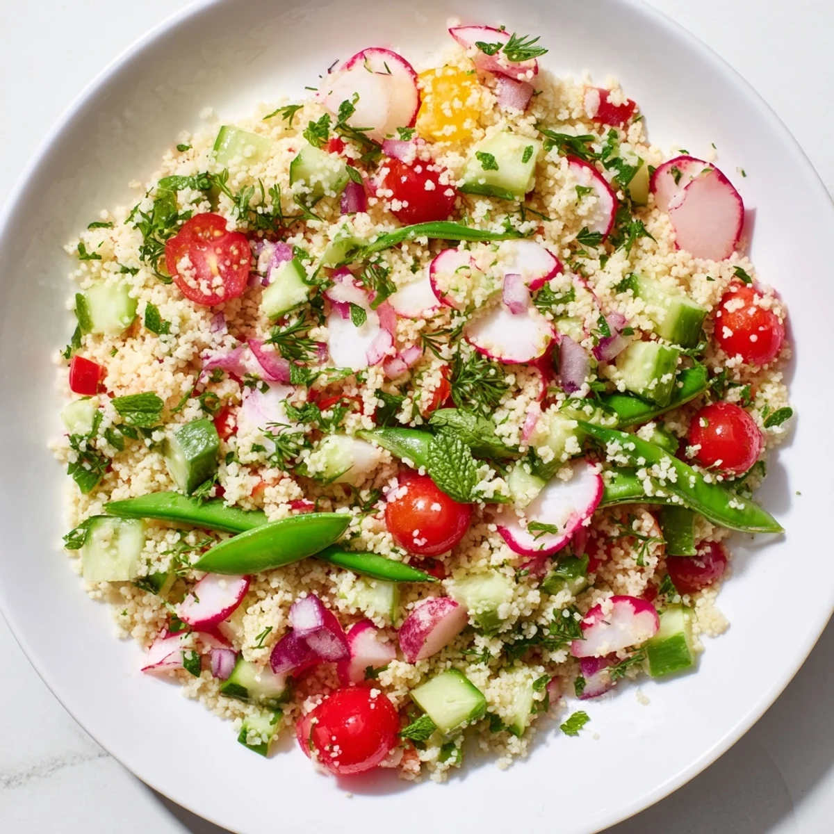 Garden-fresh spring couscous salad plated with vibrant snap peas, mint, parsley, and tangy lemon herb dressing