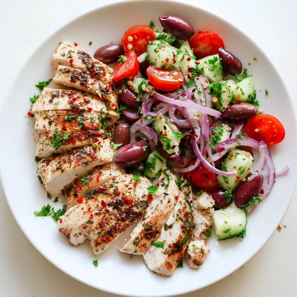 Golden grilled Fiery Mediterranean Chicken served over crisp cucumber salad with tomatoes and olives