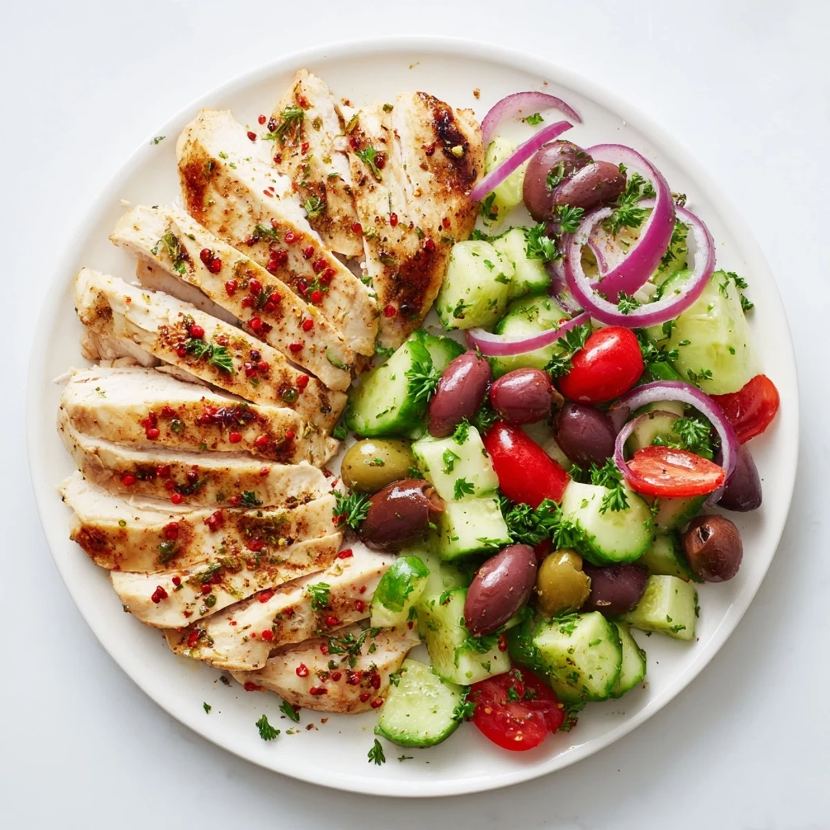 Spicy marinated chicken breasts paired alongside refreshing Mediterranean cucumber salad with red onion and parsley