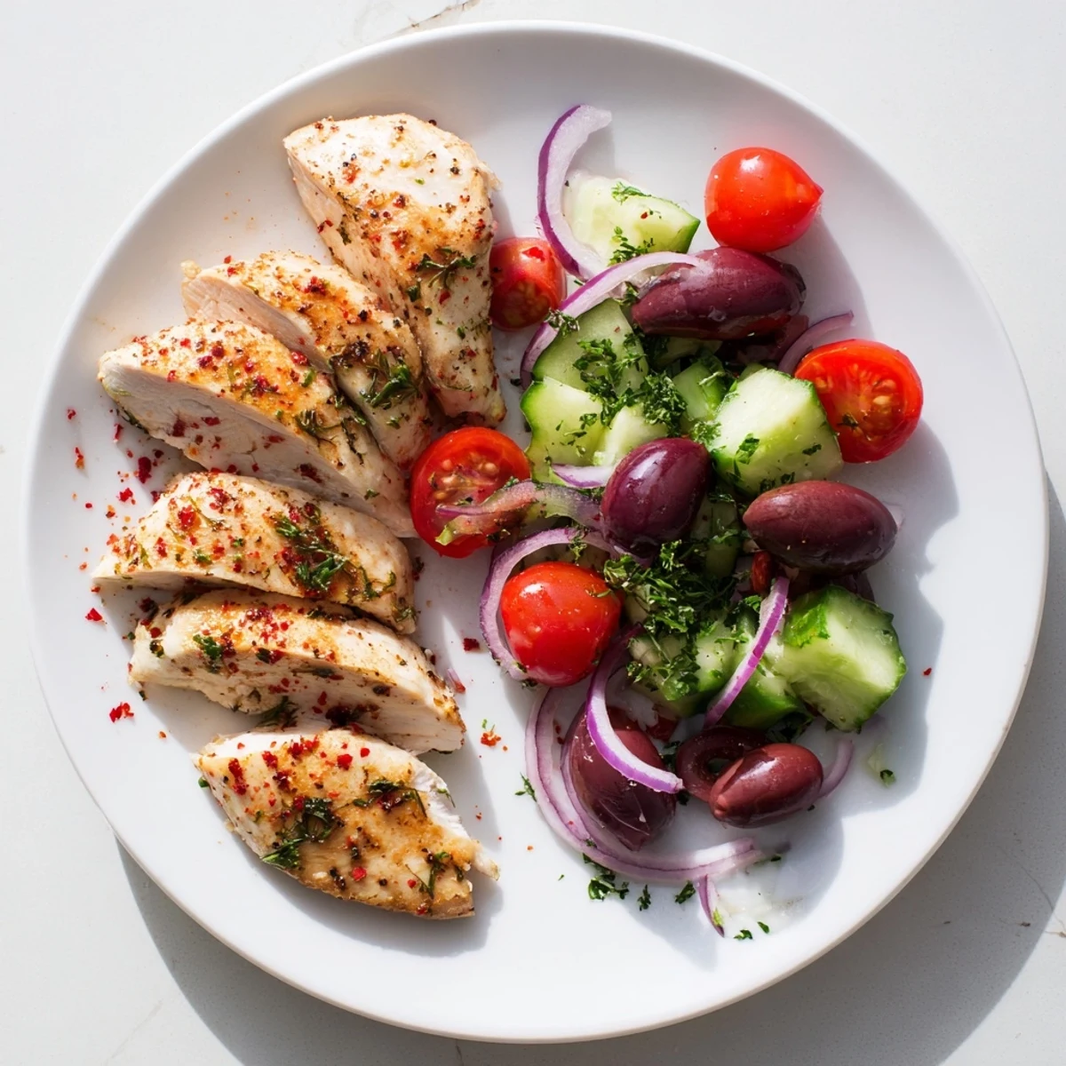 Slice of Fiery Mediterranean Chicken with vibrant cucumber tomato salad featuring Kalamata olives on white plate