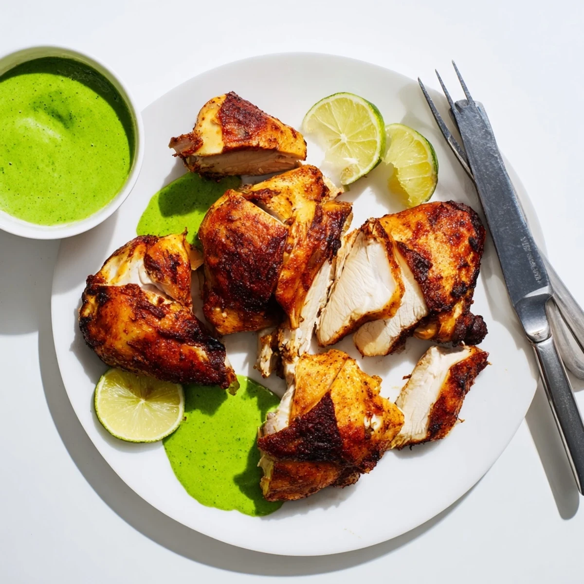 Golden brown Peruvian roast chicken with crispy skin served alongside vibrant green aji verde sauce