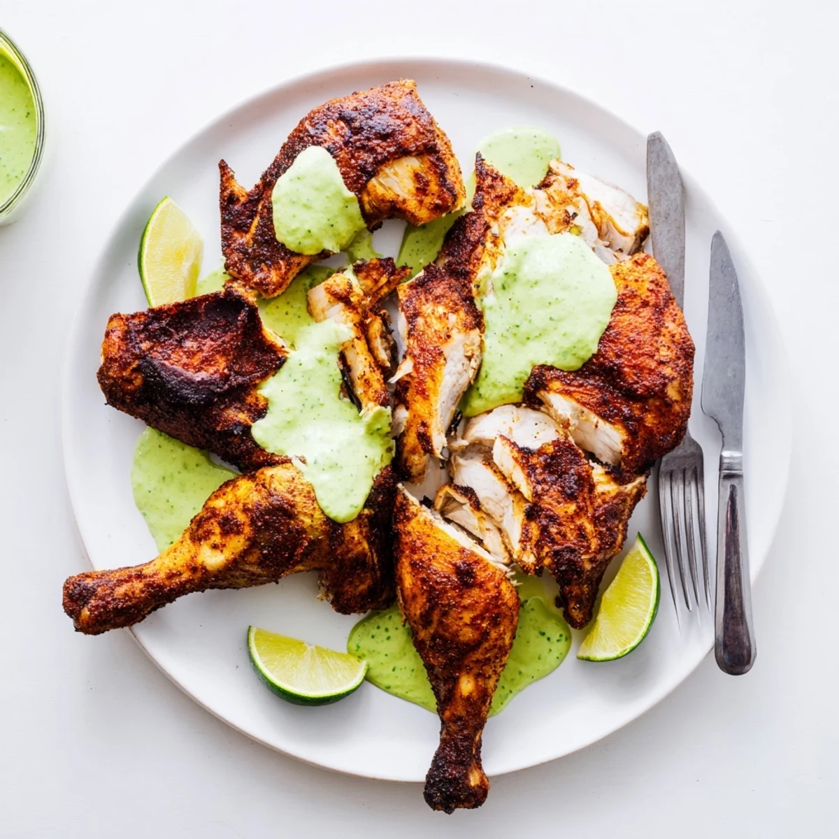 Whole roasted Peruvian roast chicken carved into juicy pieces drizzled with zesty green cilantro sauce