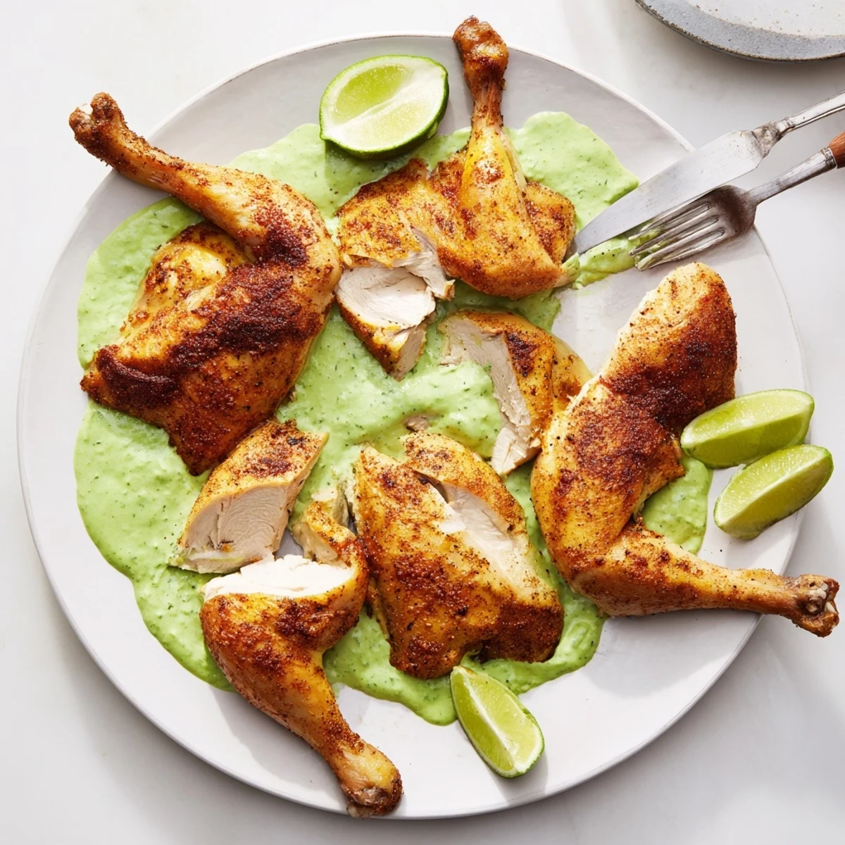 Succulent spice-marinated Peruvian roast chicken plated with tangy creamy herb sauce and fresh lime wedges
