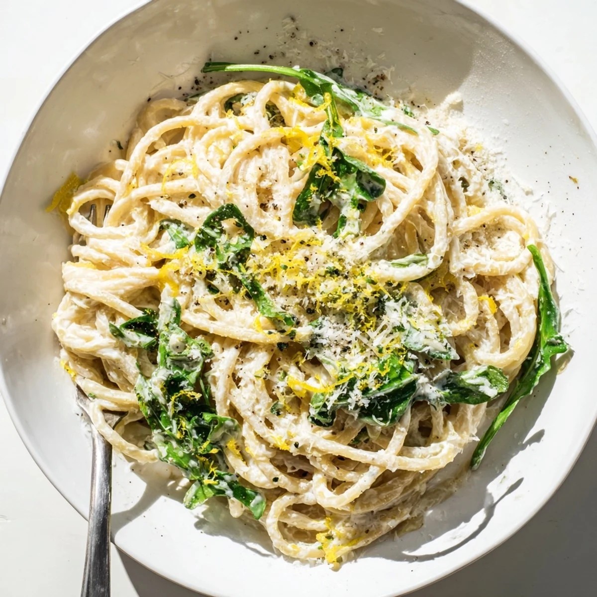 Creamy lemon ricotta pasta with fresh arugula tossed in a velvety white sauce