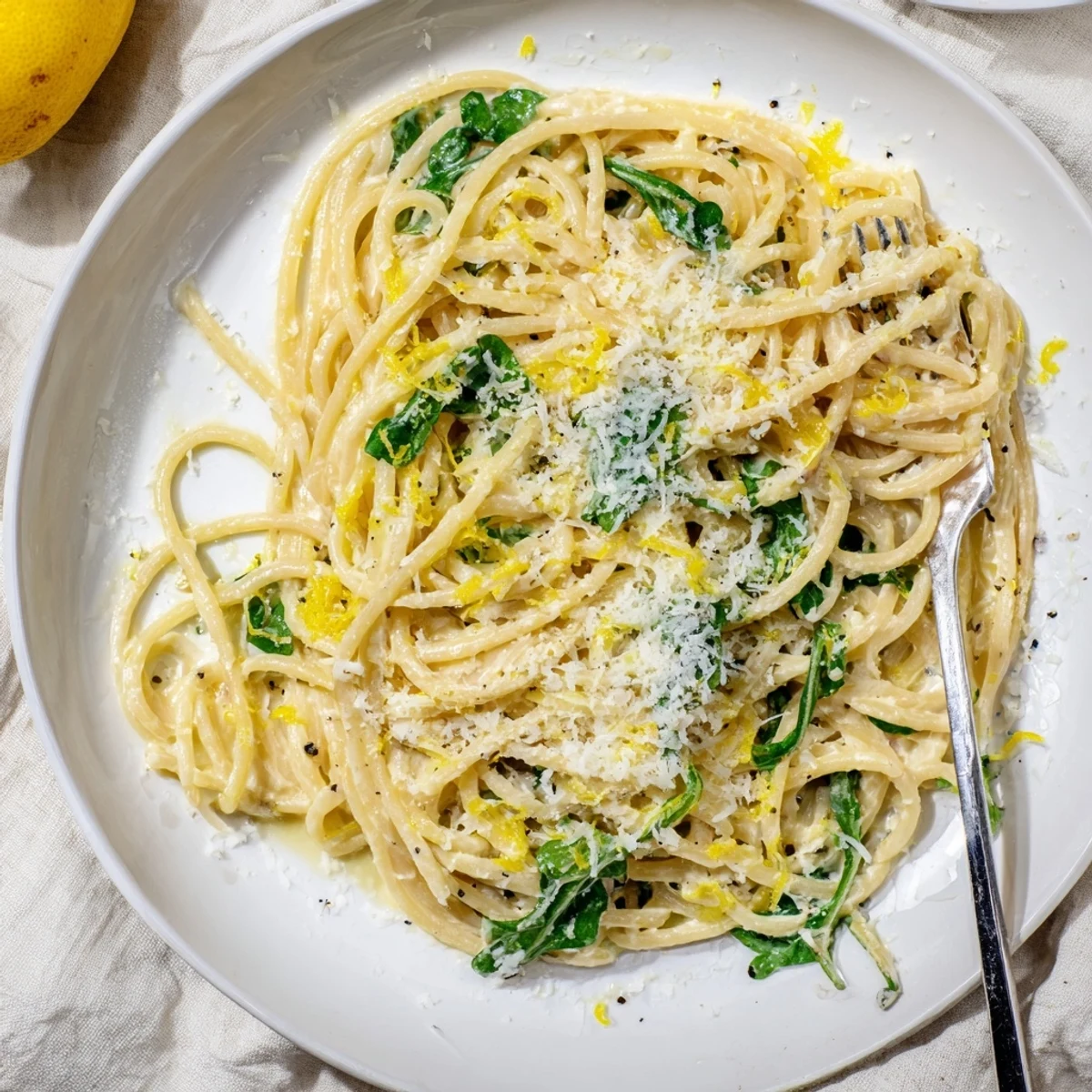 Bright lemon ricotta coated pasta with peppery arugula and Parmesan cheese garnish