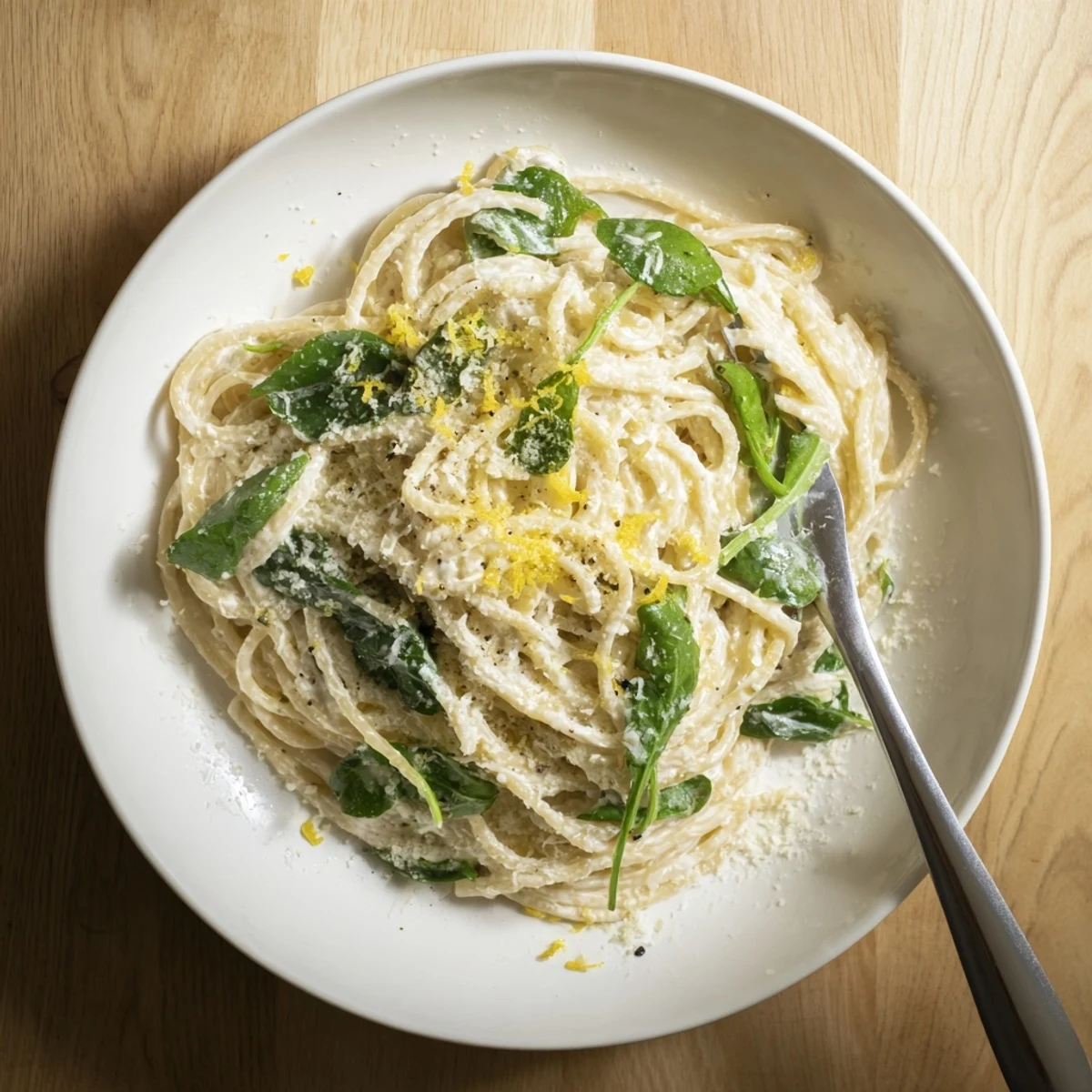 Twirled spaghetti in tangy lemon ricotta sauce with wilted arugula and black pepper