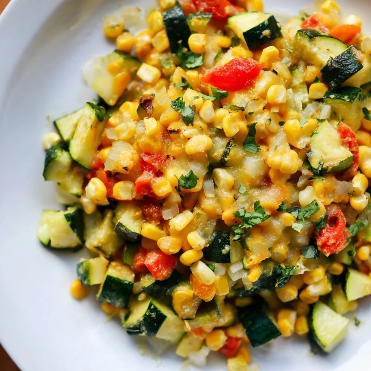 Golden skillet of Calabacitas Mexican zucchini corn dish topped with melted white cheese and fresh cilantro