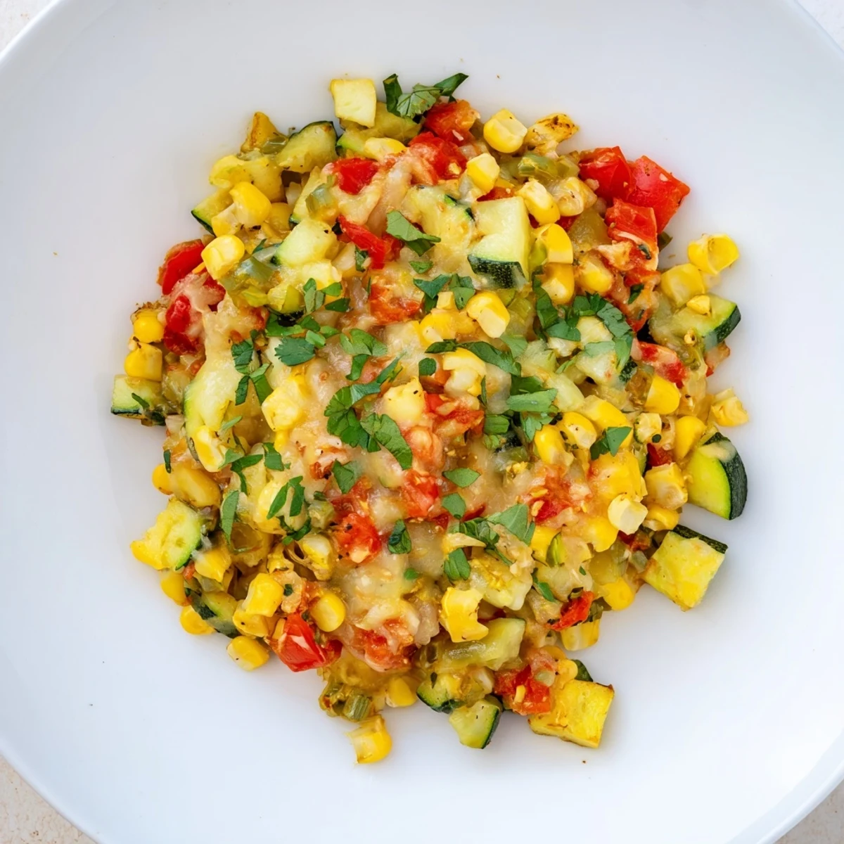 Tender zucchini and sweet corn Calabacitas simmered in a cast iron skillet with queso fresco